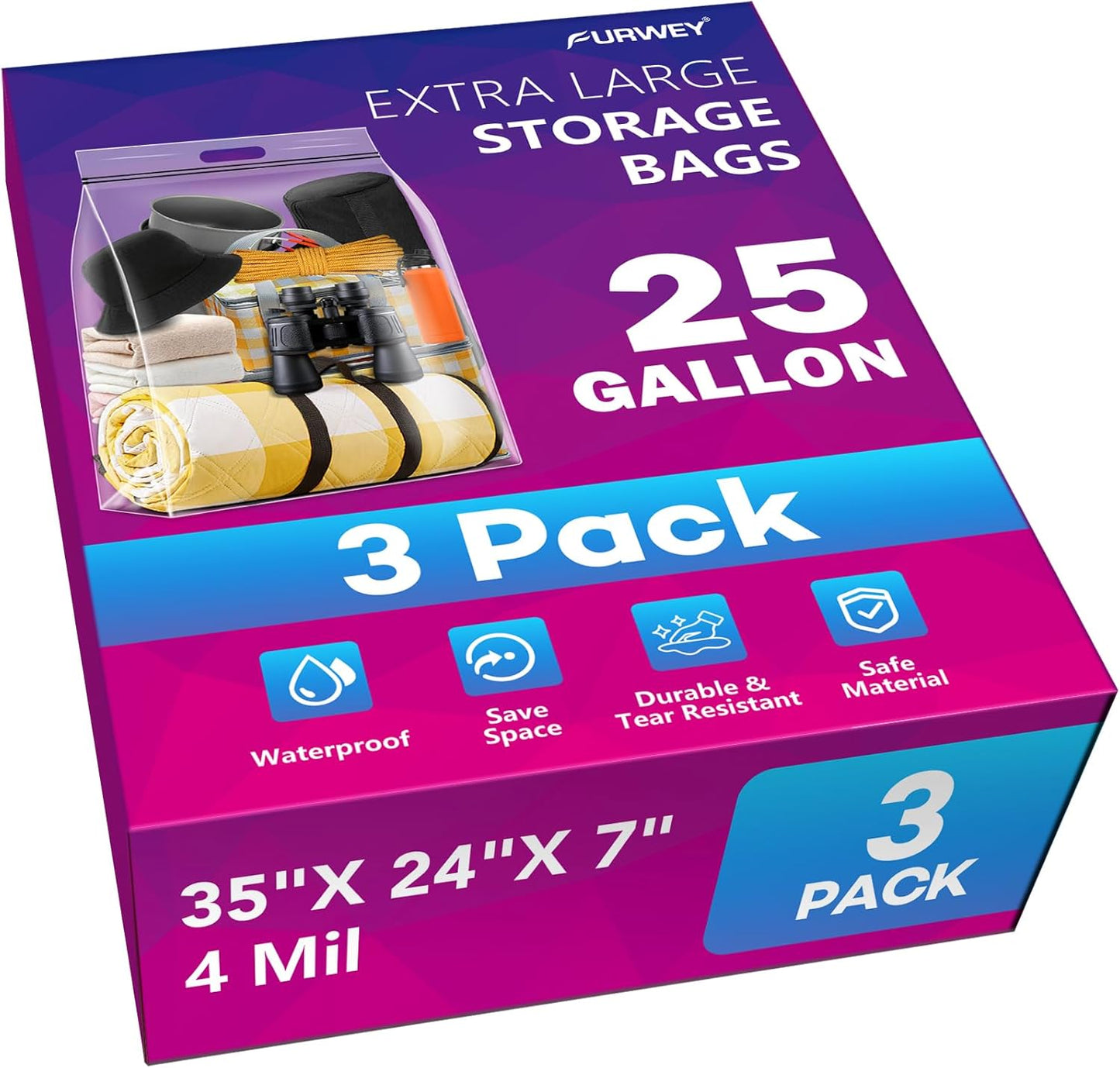 25 Gallon Extra Large Storage Bags 35”x 24”Resealable Clear Bags with Handle 4 Mil Thick Heavy Duty Big Bag for Clothes Pillow Travel Moving,Bedding,Shoes and Toys Storage, Pack of 3