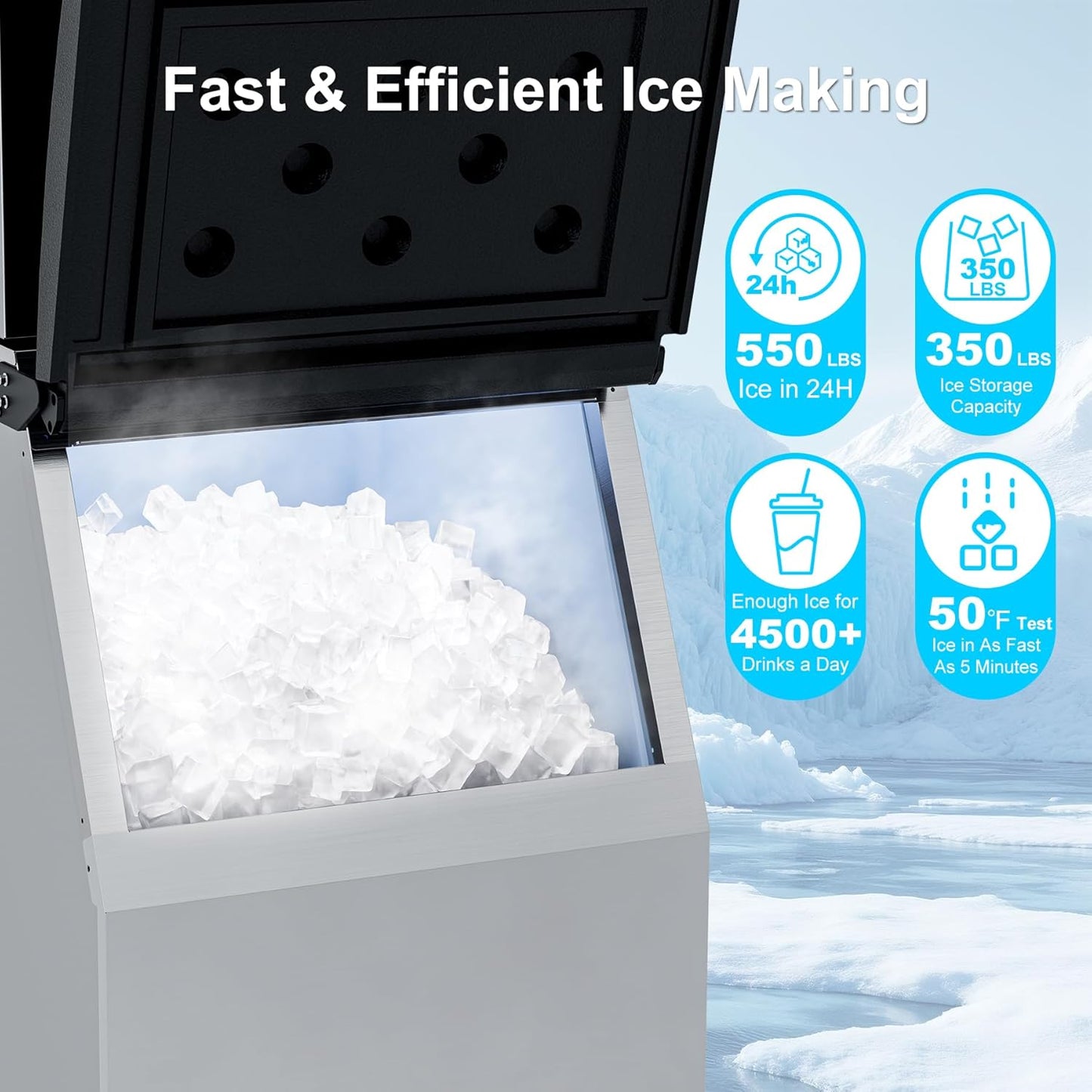 COTLIN 22" Commercial Ice Maker Machine 550LBS/24H with 350LBS Storage Bin, SECOP Compressor, 195 Ice/5–15 Min, Large Nugget Industrial Ice Maker with Water Filter, Self-Cleaning/Timing for Business
