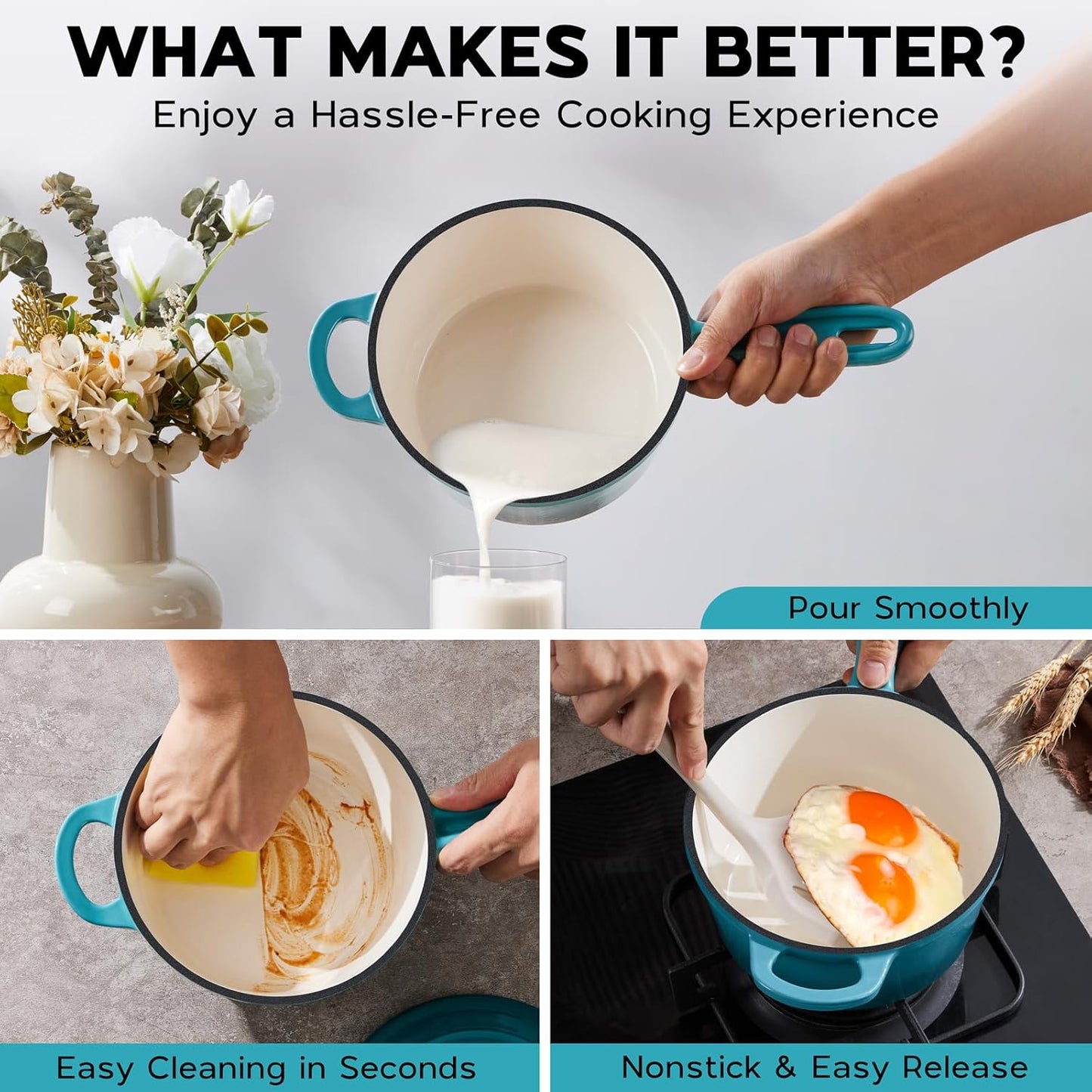 1QT Saucepan with Lid, Onader Enameled Cast Iron Sauce Pan, Small Cast Iron Pot for Cooking, Enameled Dutch Oven Nonstick & Heavy Duty – Dark Cyan