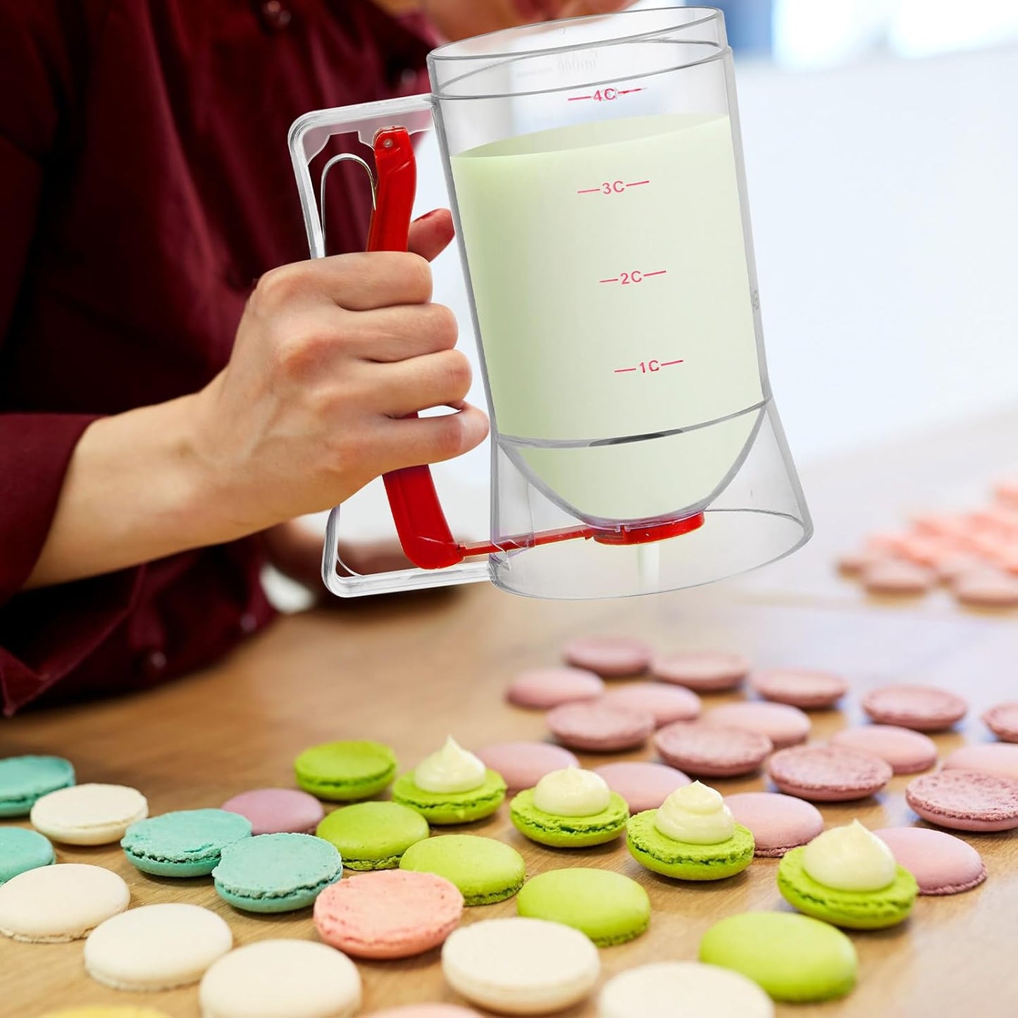 2 Pcs Cupcake Batter Dispenser Pancake Mix Dispenser 4 Cups with Squeeze Handle Tools for Pancake, Cupcake, Cookie, Cake, Waffles, Ice Cream Baking Gifts for Kitchen Housewarming (Red)