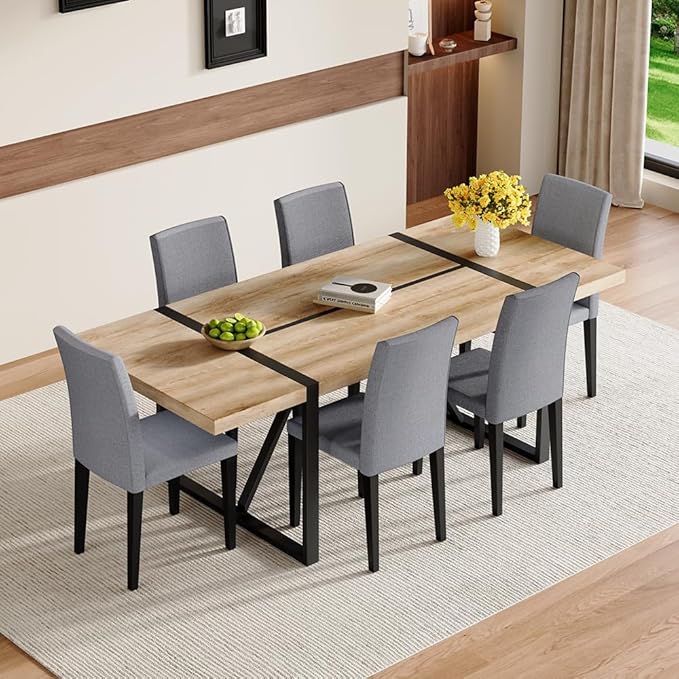 86.6" Dining Table Set for 6, Modern 7 Piece Wood Kitchen Table and Chairs Set, Rectangle Dining Room Table with 6 Linen Fabric Upholstered Chairs, Ideal for Apartment, Kitchen, Dining Room