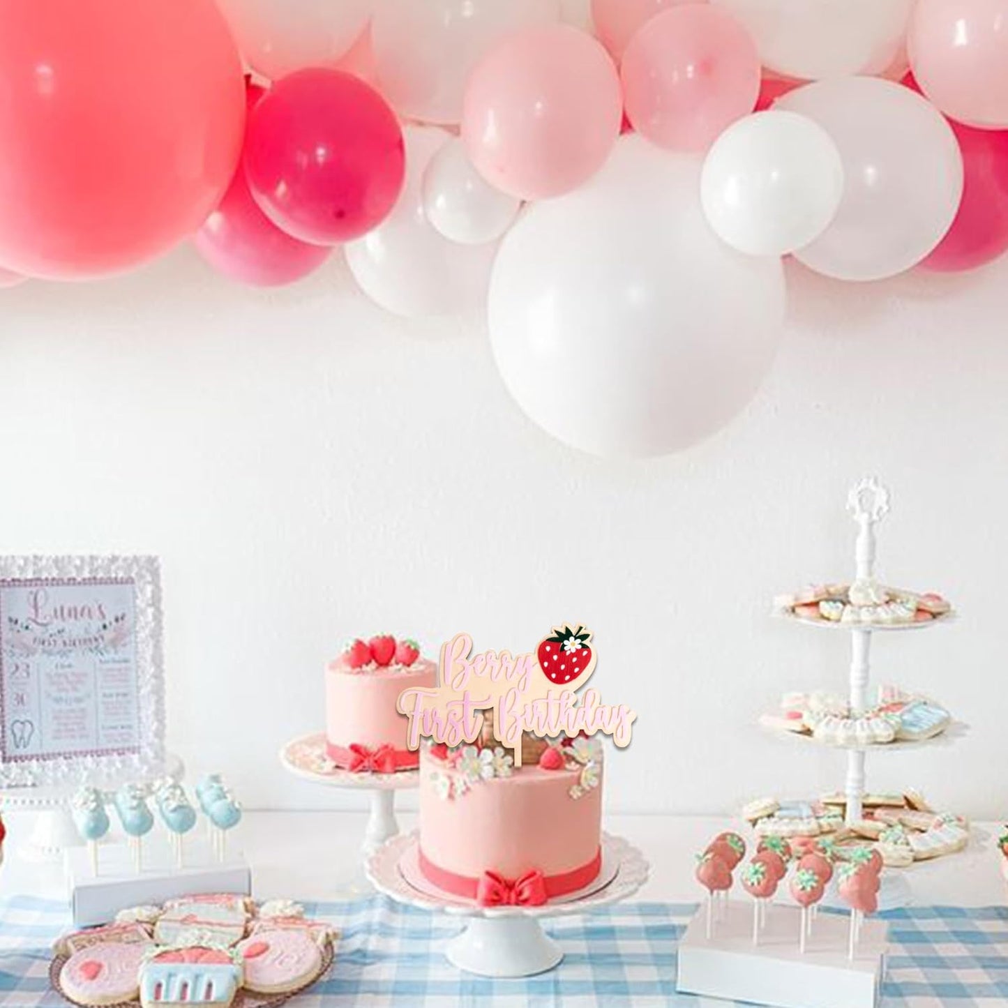 Strawberry Berry First Birthday Cake Topper - Fruit Themed Cake Topper, Sweet Birthday Cake Decoration for 1st Birthday Party, Anniversary, Baby Shower, Baby Photo Booth Props, Cake Smash…