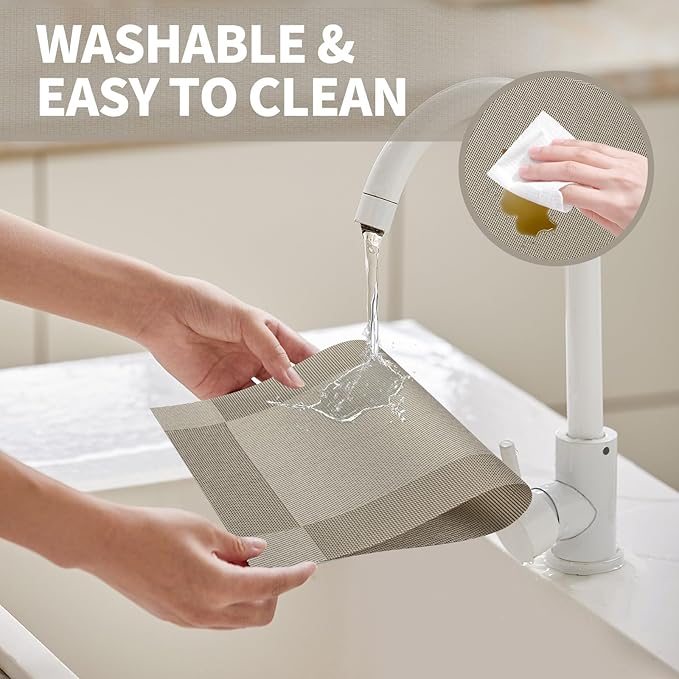 Silver Grey Placemats Set of 6-Durable PVC Vinyl Woven Place Mats for Dining Table Heat Resistant Non-Slip Washable Indoor/Outdoor Table Mats 12 x17 inch