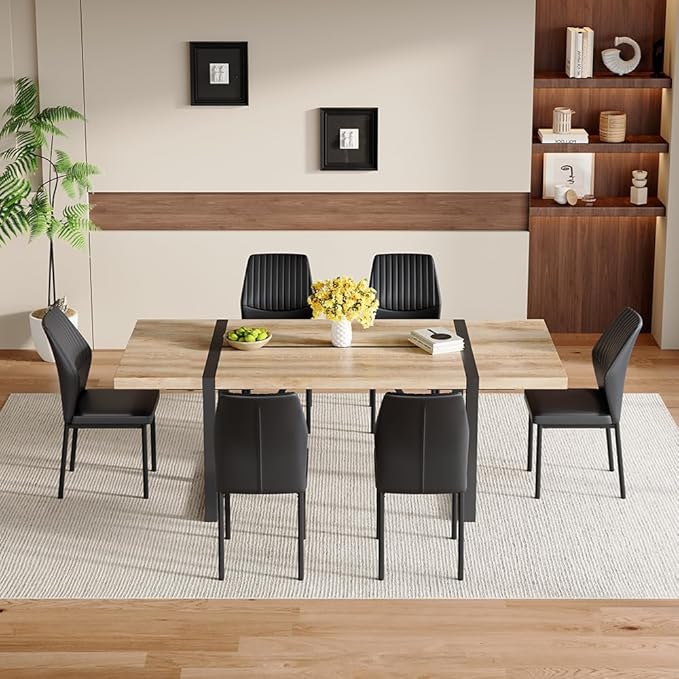86.6" Dining Table Set for 6, Modern 7 Piece Wood Kitchen Table and Chairs Set, Rectangle Dining Room Table with 6 PU Leather Upholstered Chairs, Ideal for Apartment, Kitchen, Dining Room