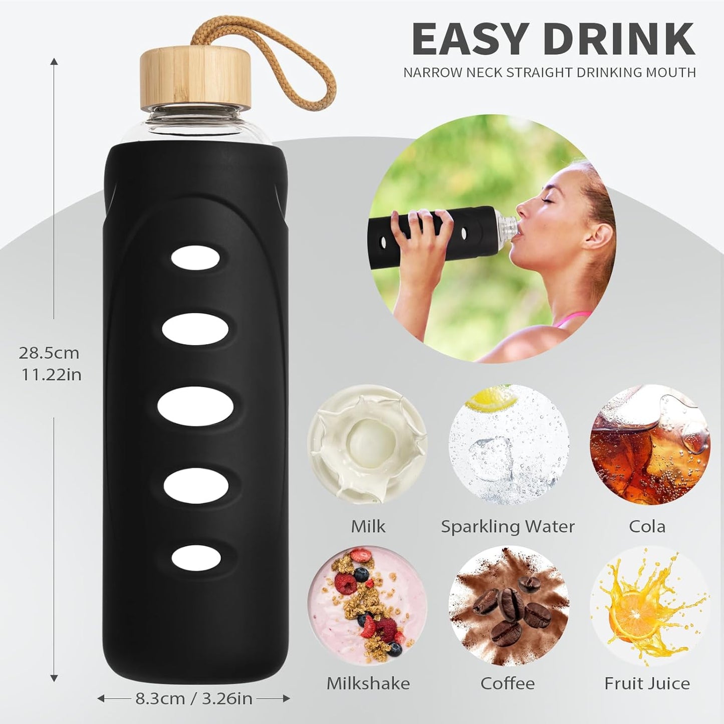 Sport 32oz Glass Water Bottle 1000ml /1 liter Borosilicate Glass Water Bottle Reusable Waterbottle Jugwith Silicone Sleeve and Unique Lid (Black