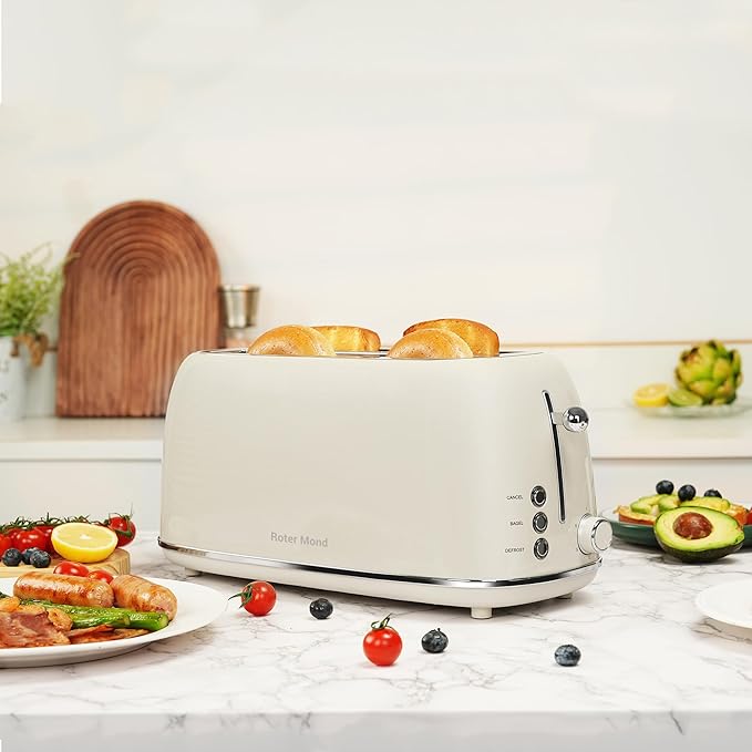 Roter Mond 4 Slice Toaster Retro Stainless Steel Toaster with Bagel, Cancel, Defrost Function and 6 Bread Shade Settings Bread Machine, Long Extra Wide Slots and Removable Crumb Tray, Cream
