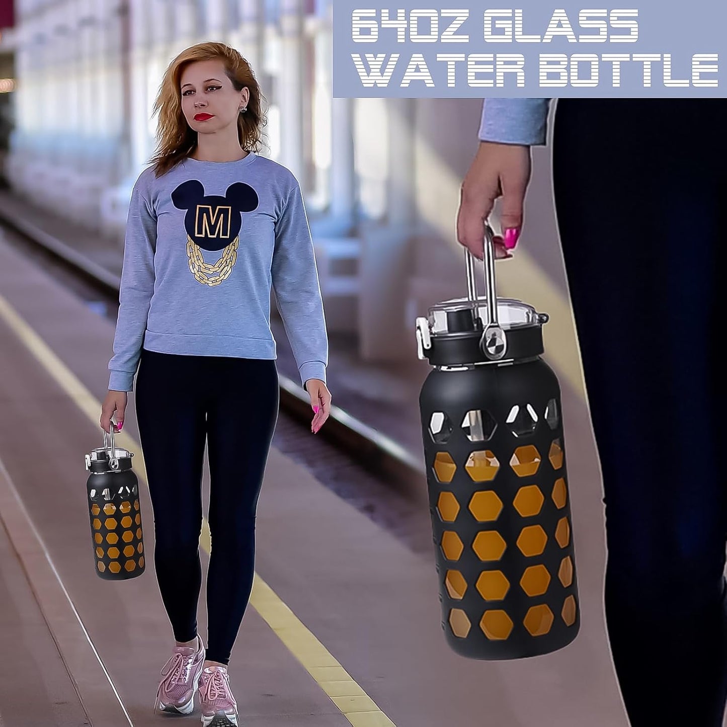 MUKOKO 64oz Glass Water Bottles with Straw and Lid,Half Gallon Water Bottle with Time Marker,Large Glass Water Jug with Silicone Sleeve and Stainless Steel Handle-Black