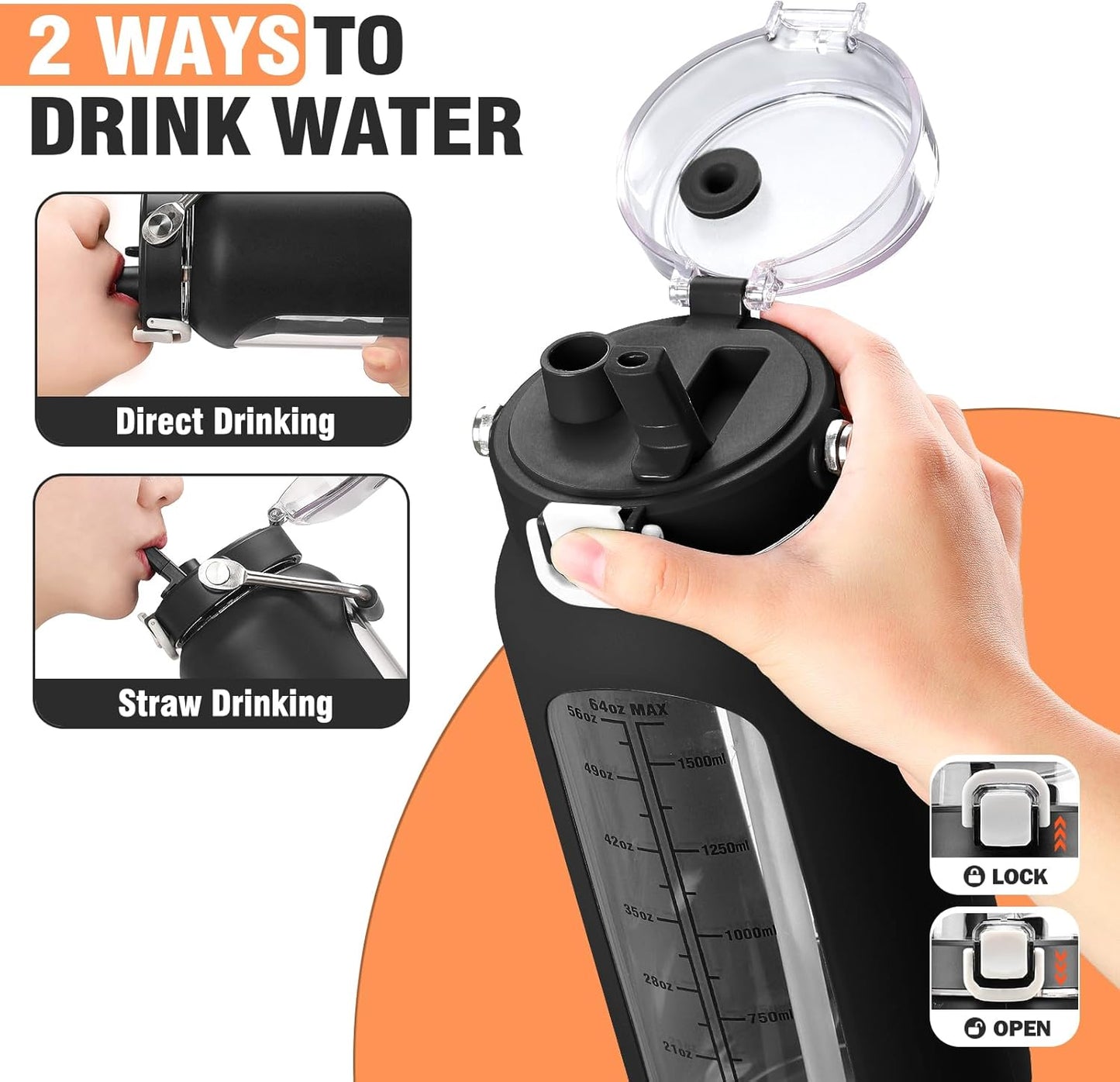 kytffu 64 oz Glass Water Bottle with Straw and Stainless Steel Handle, Half Gallon Water Bottle with Silicone Sleeve and Time Marker, 2L Large Glass Bottle for Gym, School, Travel, Leak-proof (Black)