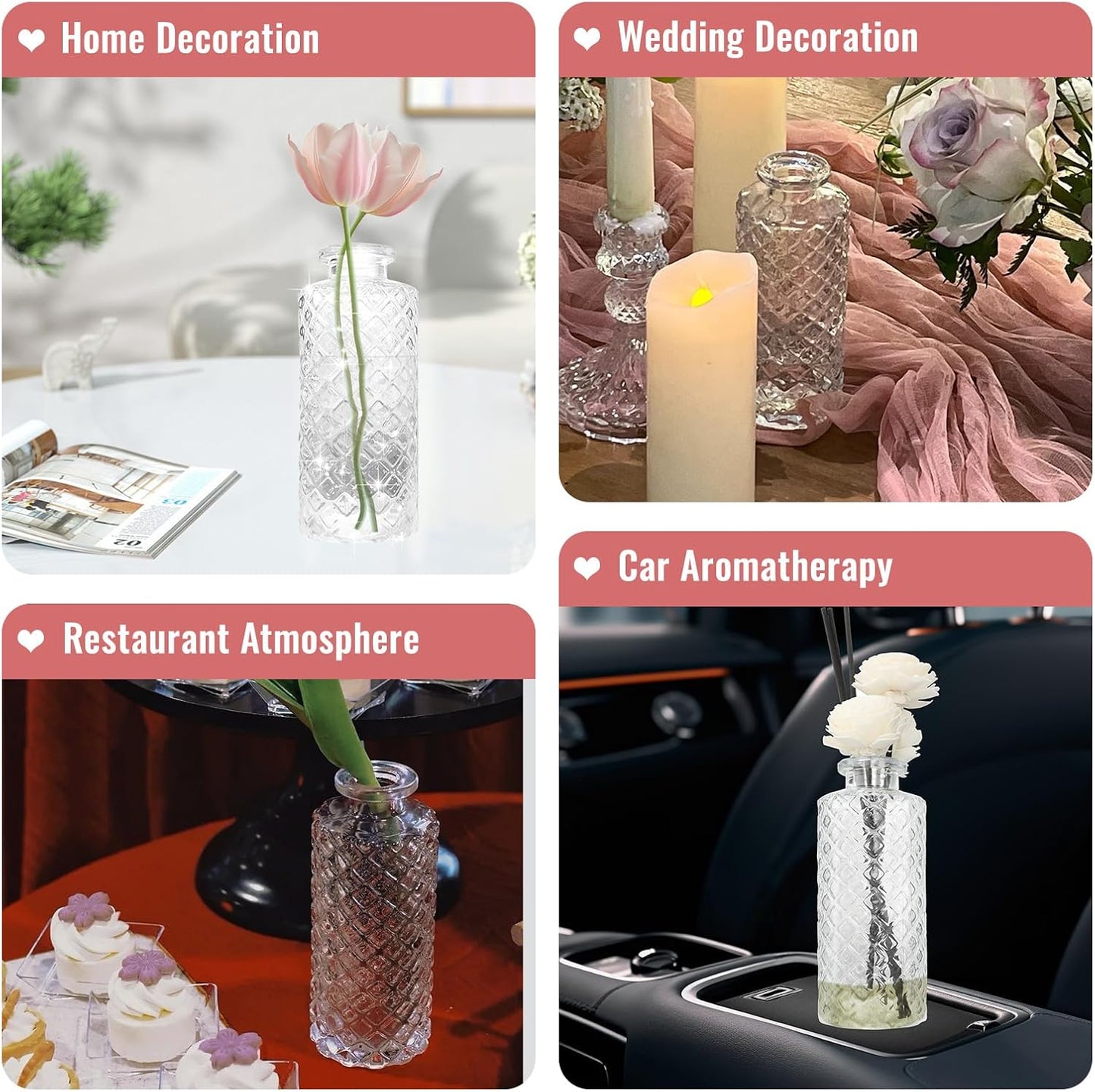 Glass Flower Vase, Aromatherapy Bottle, Small Vase, 6 Sets, Simple, Centerpieces for Table, White Transparent, for Home Decoration, Anniversary, Wedding