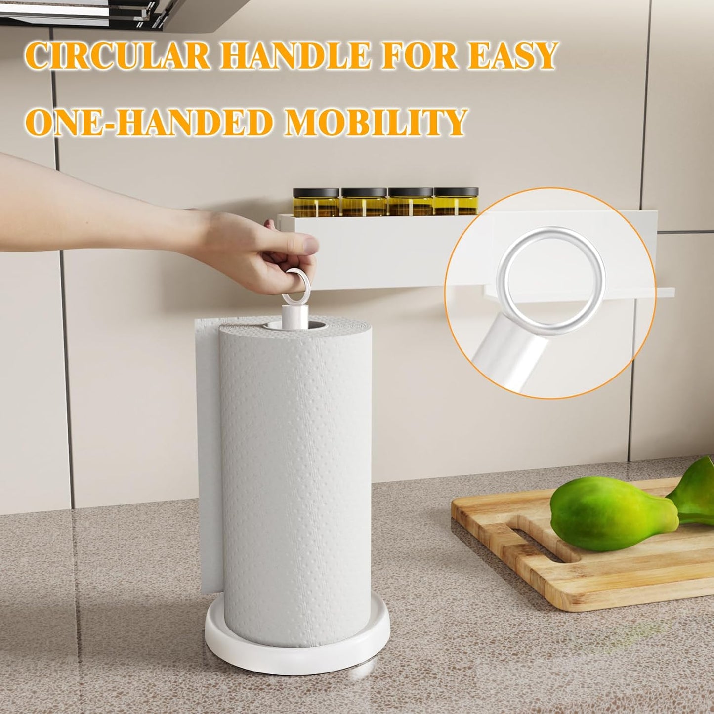 White Paper Towel Holder Countertop, White Kitchen Accessories Decor, One-Handed Tear, Stainless Steel, Weighted Base, Paper Towel Holder Stand with Ratchet System for Kitchen Farmhouse Essentials