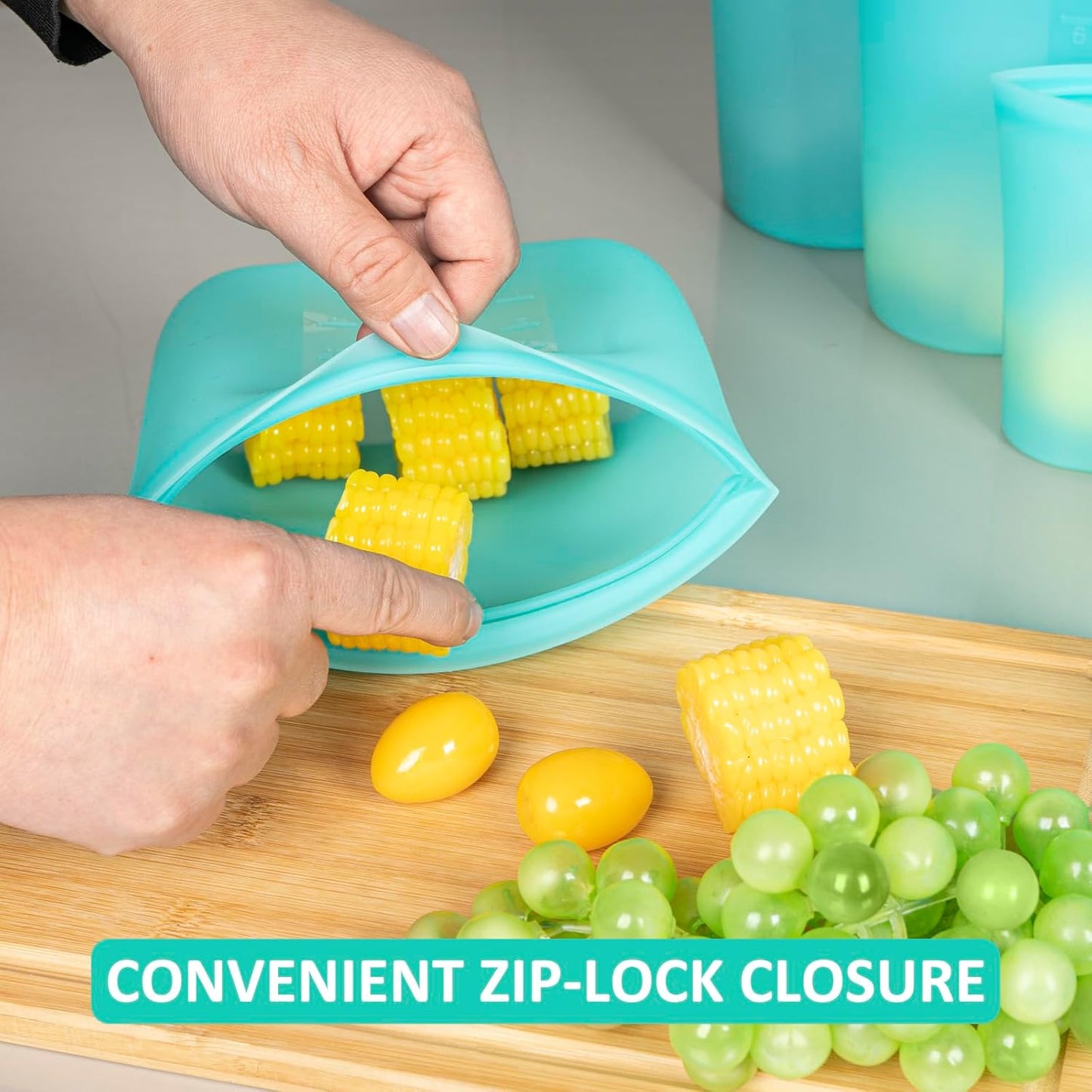 Reusable Storage Bag, 8 Pack 100% Silicone Food Storage Bags Stand Up Zip Lock Bags for Food Container, Freezer Microwave Oven Dishwasher Safe, 2 X-Large(0.8 Gallon) 2 Medium 2 Small 2 X-Small, Aqua