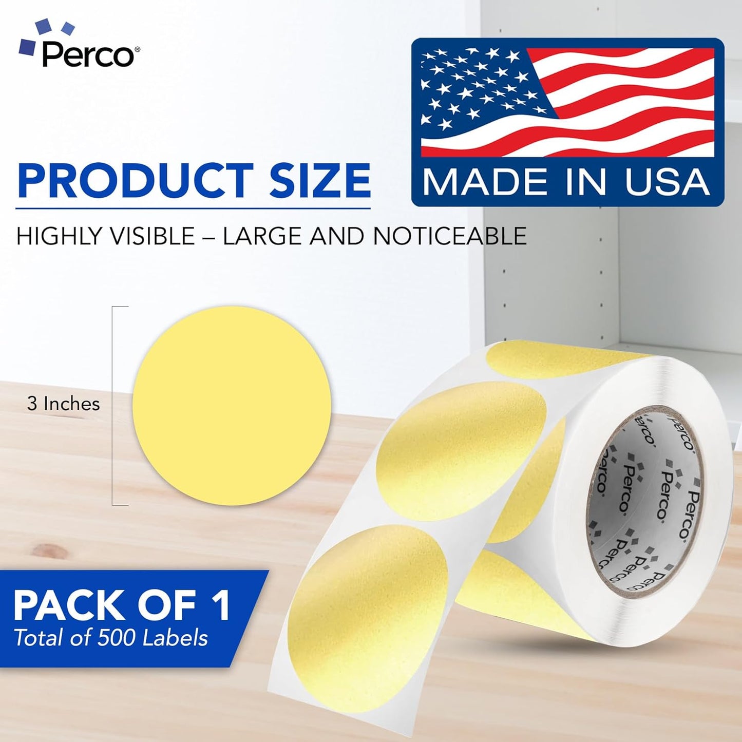 Perco Gold 3-Inch Round Circle Dot Sticker Labels with Permanent Adhesive for Wedding Invitations - 500 Labels per Roll - Vibrant Colors, Strong Adhesion - Made in USA