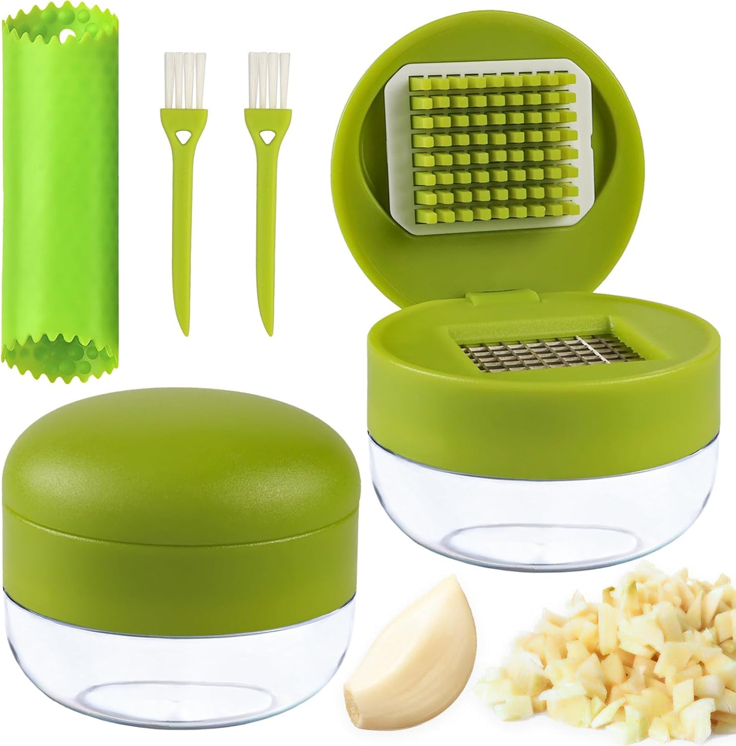 2 Pcs Garlic Press Stainless Steel, Garlic Mincer Crusher with Peeler and Cleaning Brush, Garlic Chopper Mini Kitchen Tool