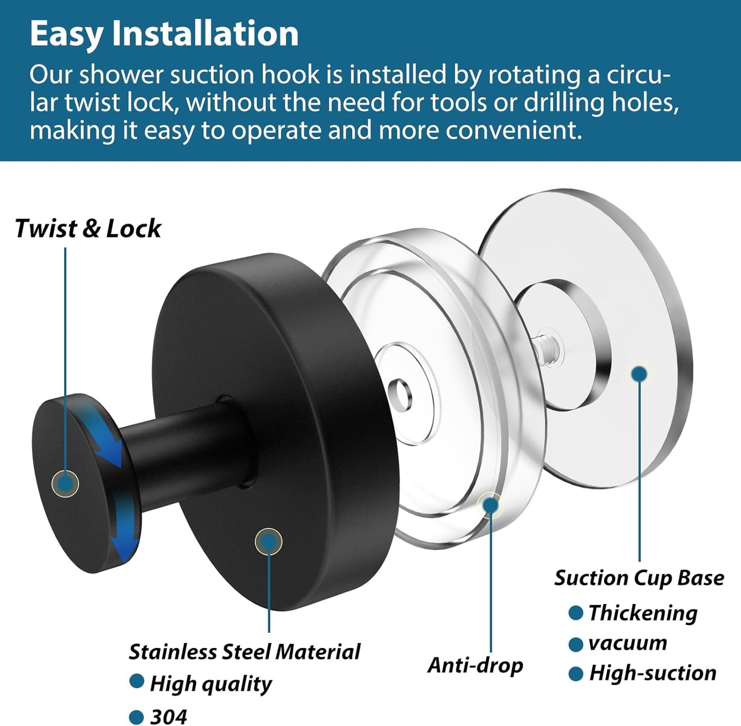 Suction Cup Hooks for Shower, 2 PCS No-Drill Towel Holder for Bathrooms Wall, Glass Door, Mirror, Tiles, Kitchen, Hold Robe & Wreath, Hanging up to 15 lbs – Waterproof & Rustproof, Matte-Black