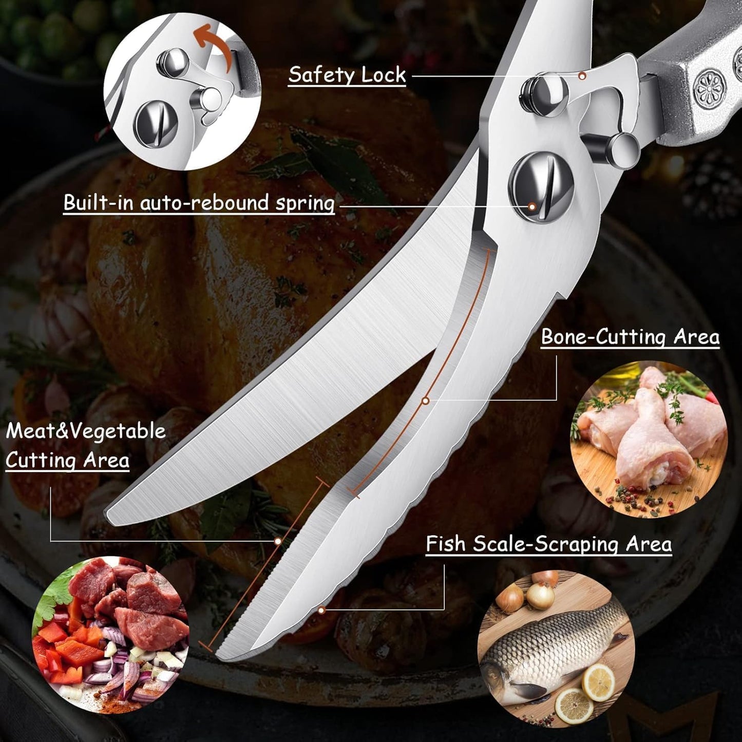 Dreach Reach Heavy Duty Poultry Shears with Serrated Edge - Kitchen Scissors For Chicken, Bone, Meat, Turkey, Fish - No Rust, Spring Loaded, Stainless Steel