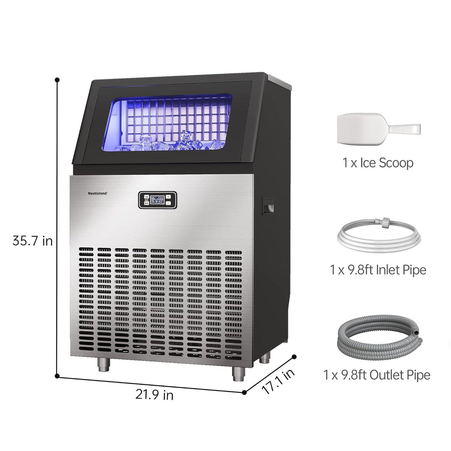 Commercial Ice Maker Machine, 200 lbs/24 Hours, 48 lbs Storage Bin, Stainless Steel, Blue Light, Freestanding, Great for Home or Business, Includes Ice Scoop, Connecting Hose