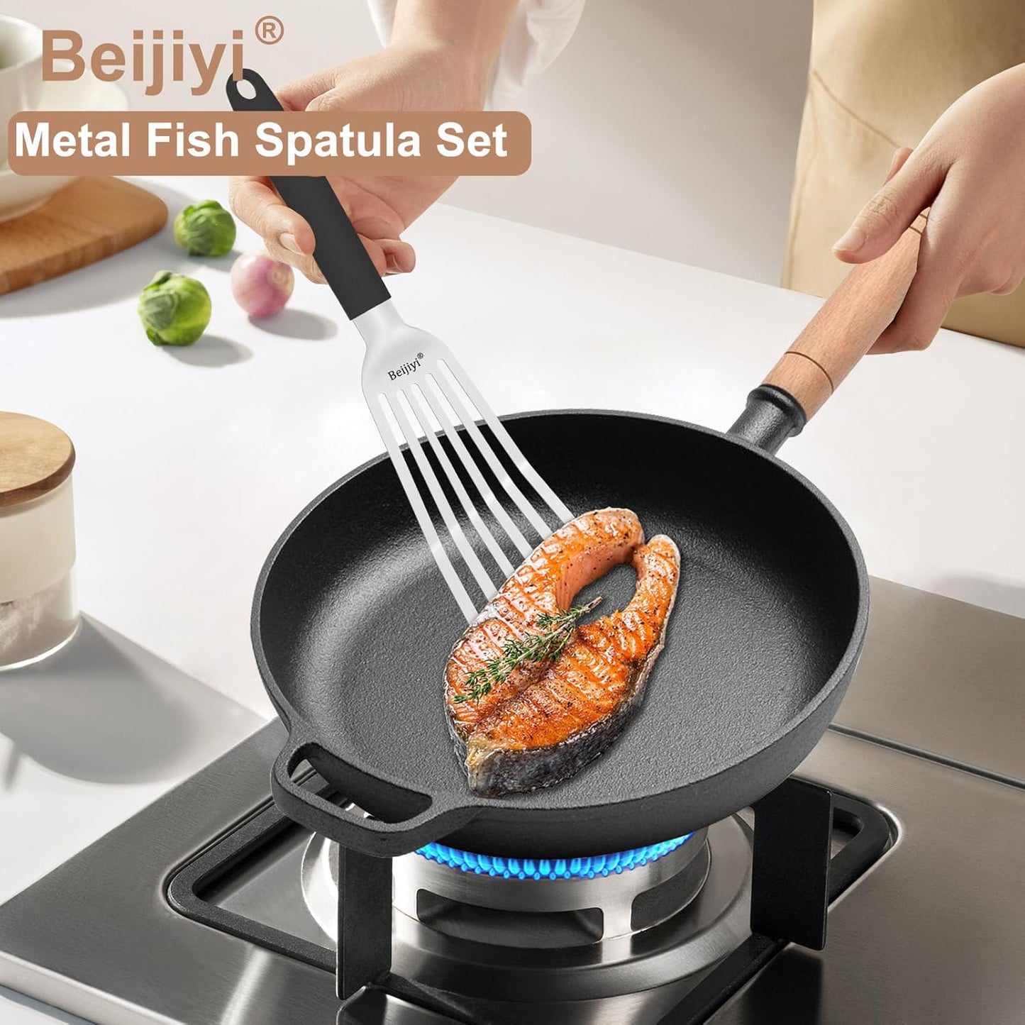 Beijiyi Stainless Steel Fish Spatula Set of 2, 13.5" & 11.7" Slotted Turner with Silicone Handle, Curved Blade, Metal Spatulas for Kitchen Use, Cooking Utensils for Flipping Fish, Burger and Grilling