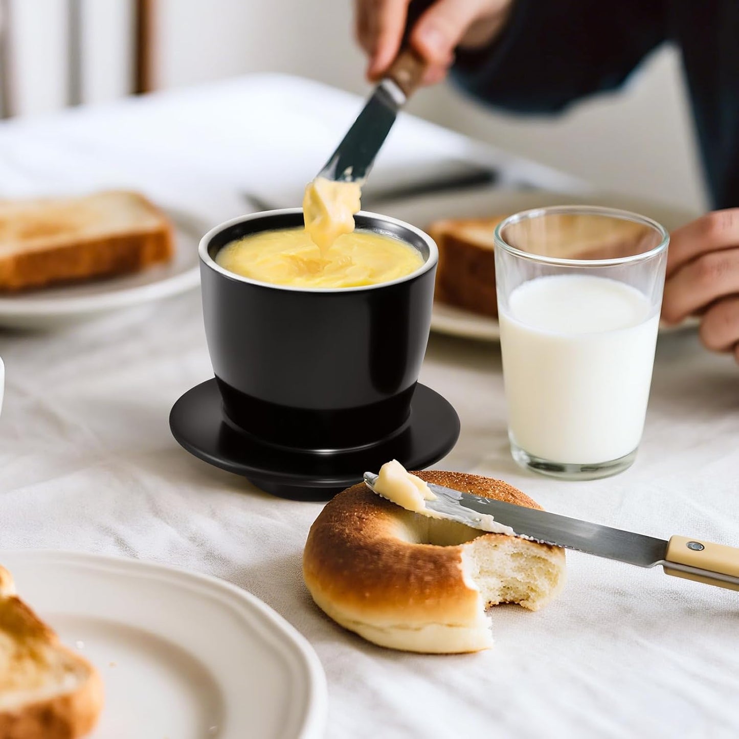 Large Butter Crock Bell for Counter with Water Line, Butter Keeper, Ceramic French Butter Dish Holder for Fresh Spreadable Soft Butter (Black, 8 Ounce)