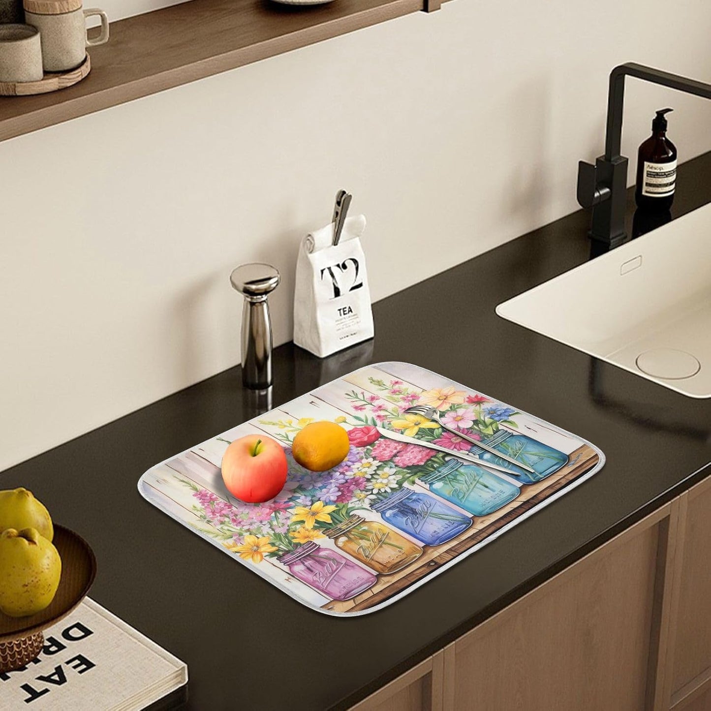 Spring Floral Jars Rustic Dish Drying Mat for Kitchen Counter Absorbent Microfiber Large Drying Pad Flowers Dish Mats for Kitchen Countertops 18 x 24 Inch