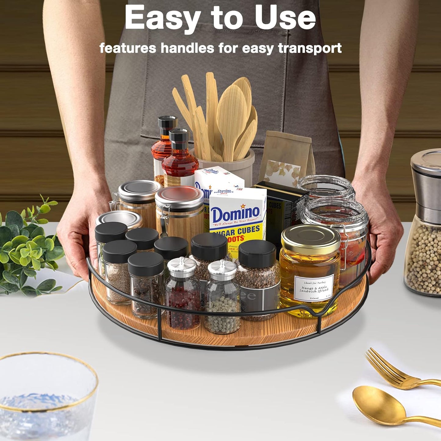 Lazy Susan Turntable Organizer with Anti-Slip Mat for Cabinet Pantry Kitchen Countertop Refrigerator Office, Pine Wood, 13", Carbonized Black