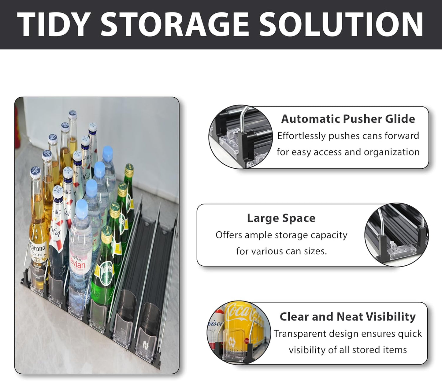 Upgraded Drink Organizer for Fridge – Adjustable Width Soda Can Organizer with Automatic Glide, Space-Saving Refrigerator Can Dispenser Holds Up to 30 Cans – Drink Holder for Fridge (6 Rows, Black)