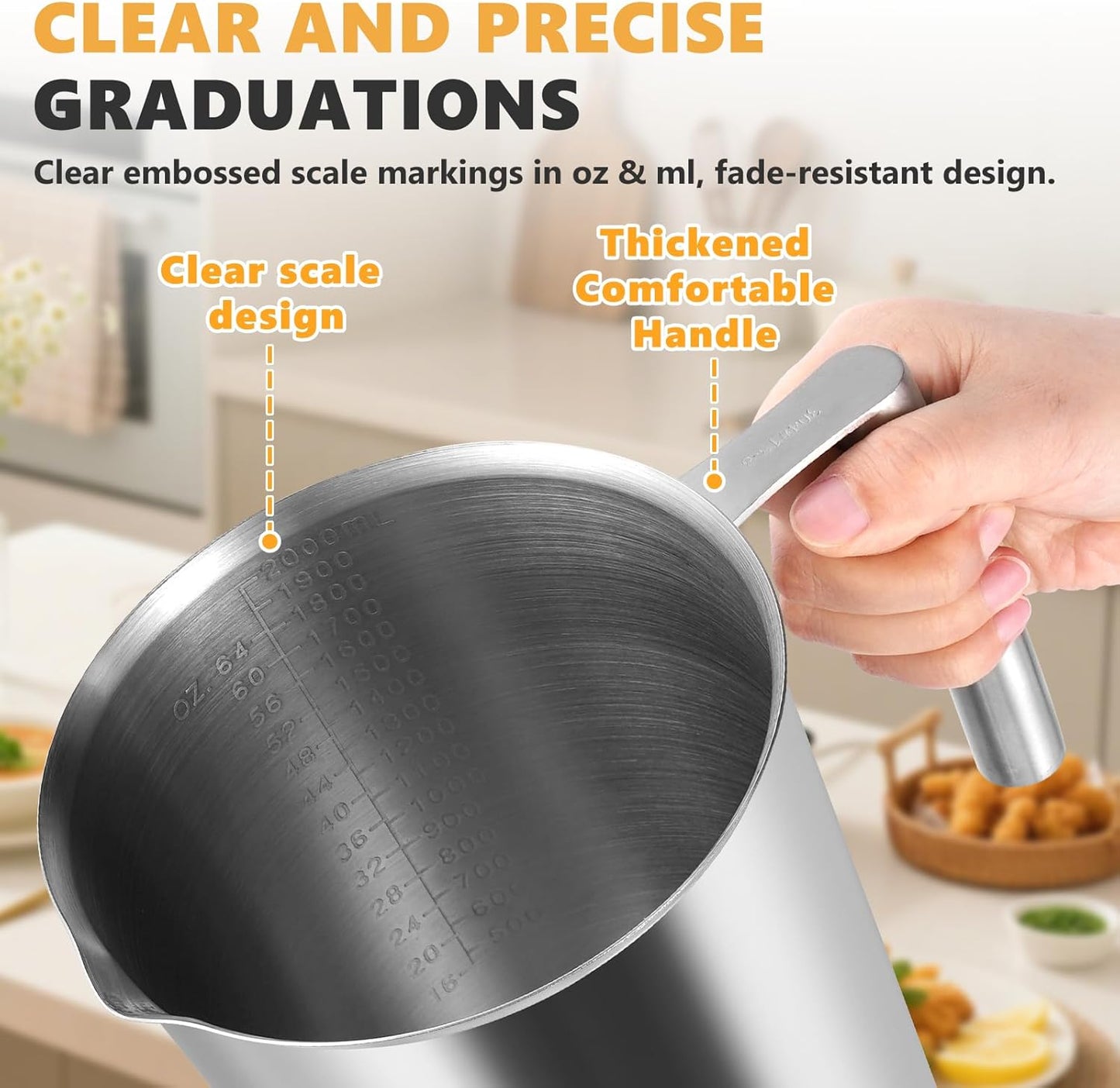 2000ml Stainless Steel Measuring Cup 64 oz with Handle and Glass Lid, Metal Measuring Pitchers with ML/Ounce Scale, Large Mouth Graduated Beakers