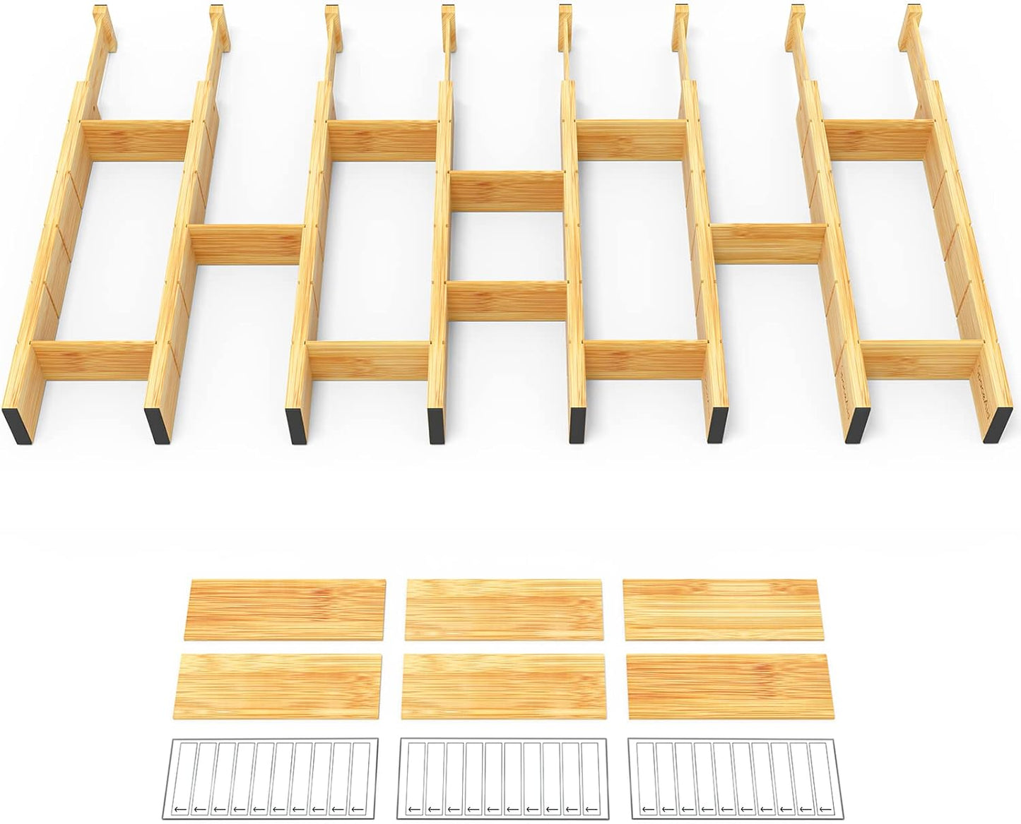 SpaceAid Bamboo Drawer Dividers with Inserts and Labels, Kitchen Adjustable Drawer Organizers, Expandable Organization for Home, Office, Dressers and Bathroom, 8 Dividers with 18 Inserts (17-22 in)