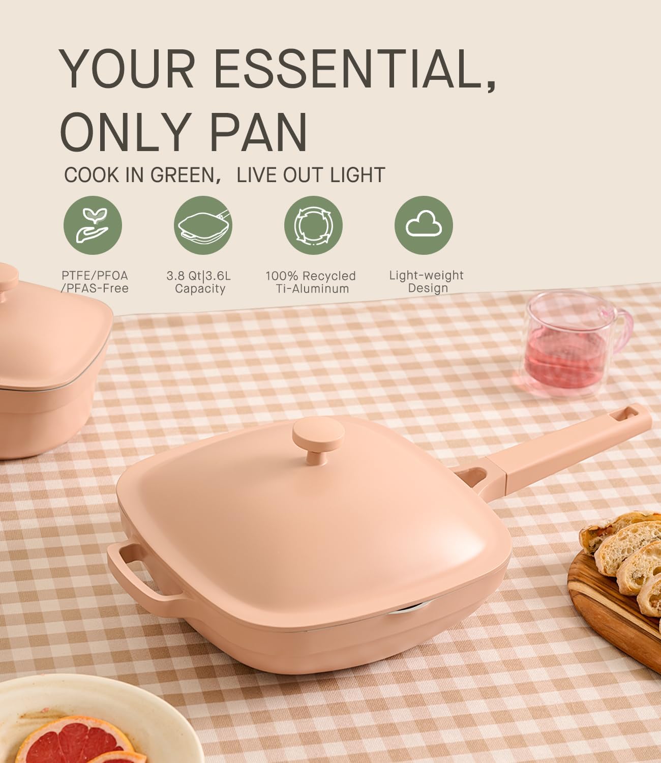 10.5 Inch(3.8QT) Deep Frying Pan,Non Stick Frying Pans Cast Aluminum,Ti-Ceramic Non Toxic Pix Pan with Lid,Natural Wooden Spatula and Loofah Scrubber-Desert Clay