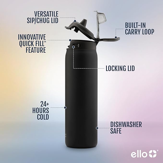 Ello Pop & Fill Stainless Steel Water Bottle with Quick Fill Technology, Double Walled Vacuum Insulated Metal, Leak Proof Locking Lid, Sip & Chug, BPA Free, Holiday Gift for Him Her, 22oz, 32oz, 40oz