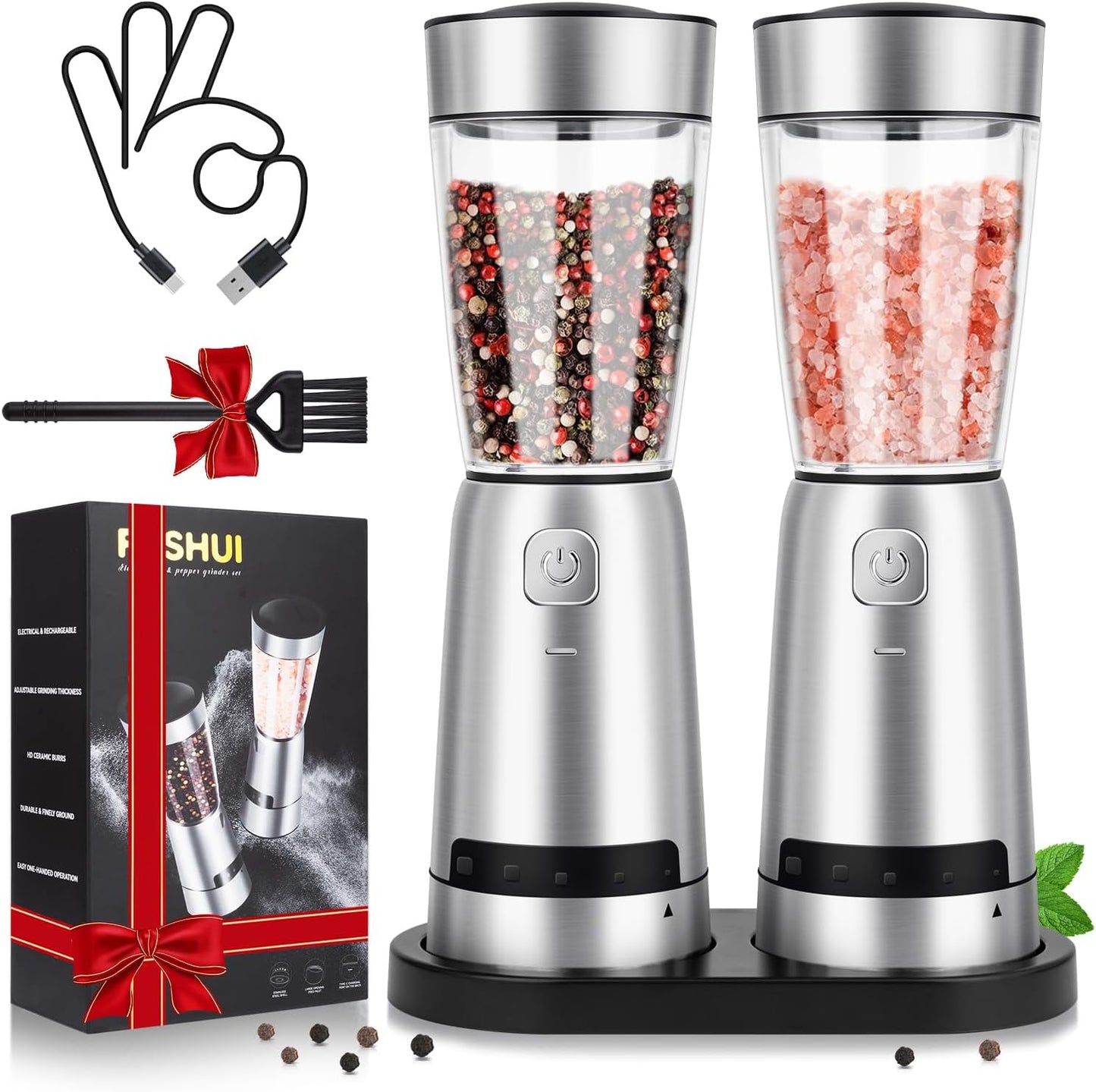 Electric Salt and Pepper Grinder Set, Rechargeable with LED Lights, Stainless Steel Automatic Pepper & Salt Mill with 5 Adjustable Coarseness (Upgraded Larger Capacity 150 ML)