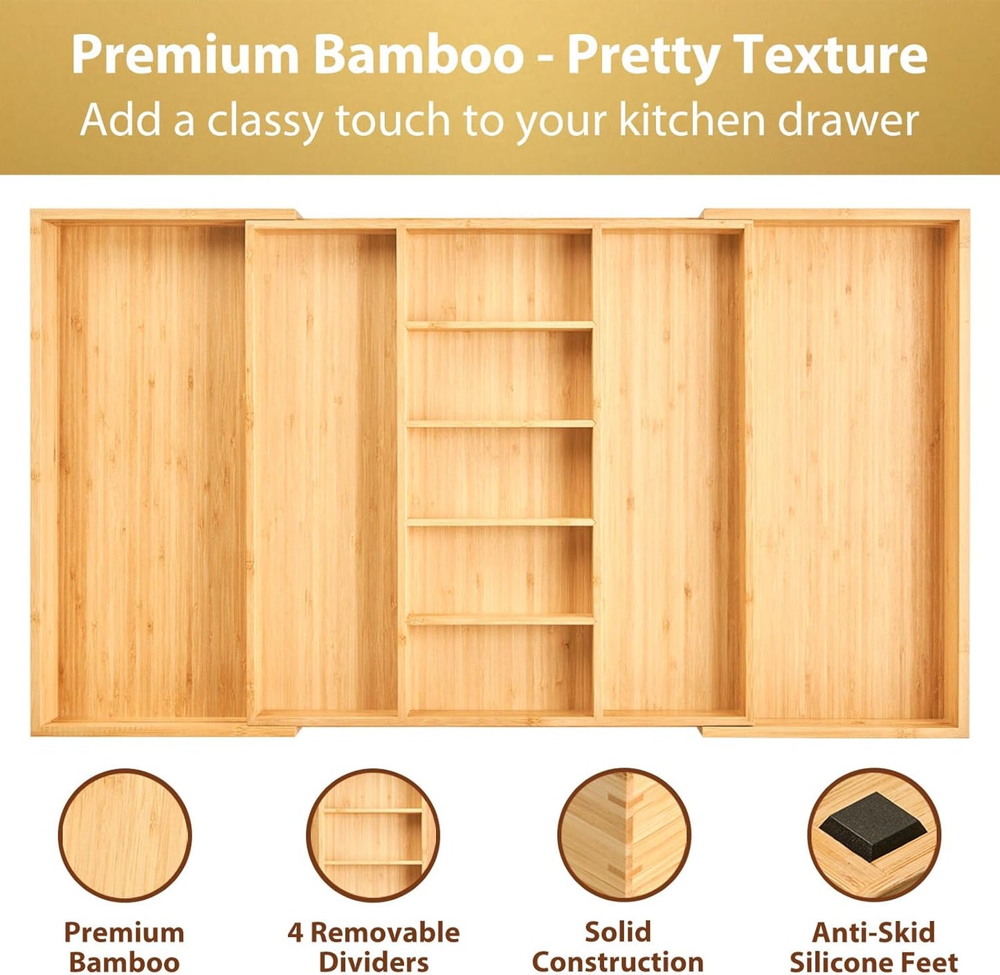 Umilife Extra Large Expandable Kitchen Drawer Organizer for Utensil and Junk, 19" Deep for Big Drawer, 19" to 33" Adjustable Bamboo Wood Drawer Divider, Cutlery Tray, Flatware Holder