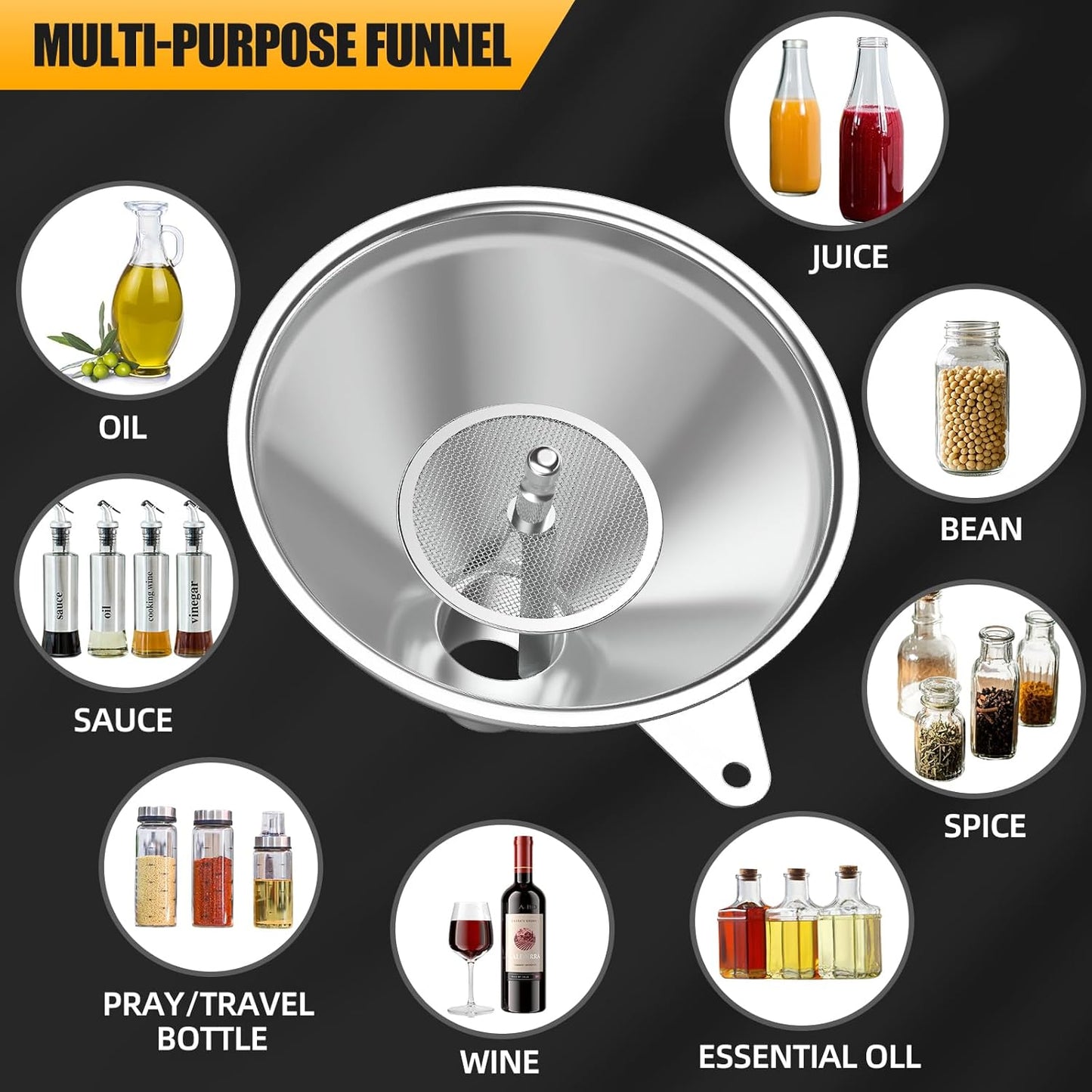 3-Piece Stainless Steel Kitchen Funnel Set for Kitchen Bottle Filling, 2 Funnel Sizes and 1 Strainer for Oils, Liquids, Fluids, Dry Ingredients and Powders, Durable, Washable