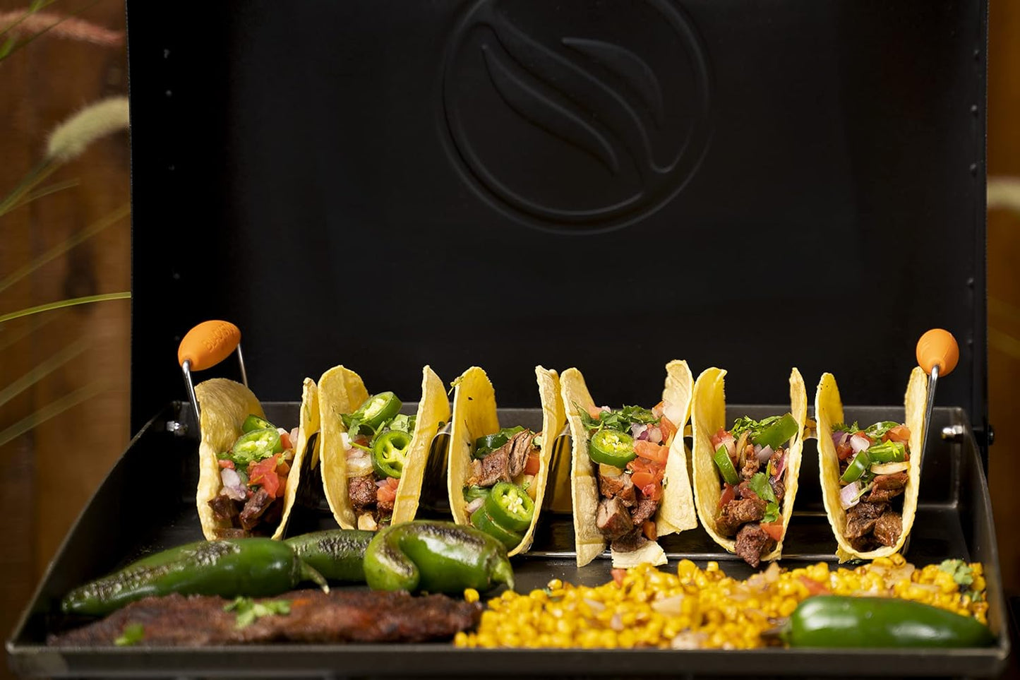 BLACKSTONE 5173 Deluxe Holder Stand Pack of 2 Stainless Steel Racks with Heat Resistant Handles-One Tray Holds 6 Tacos-Dishwasher Safe, Orange/Silver