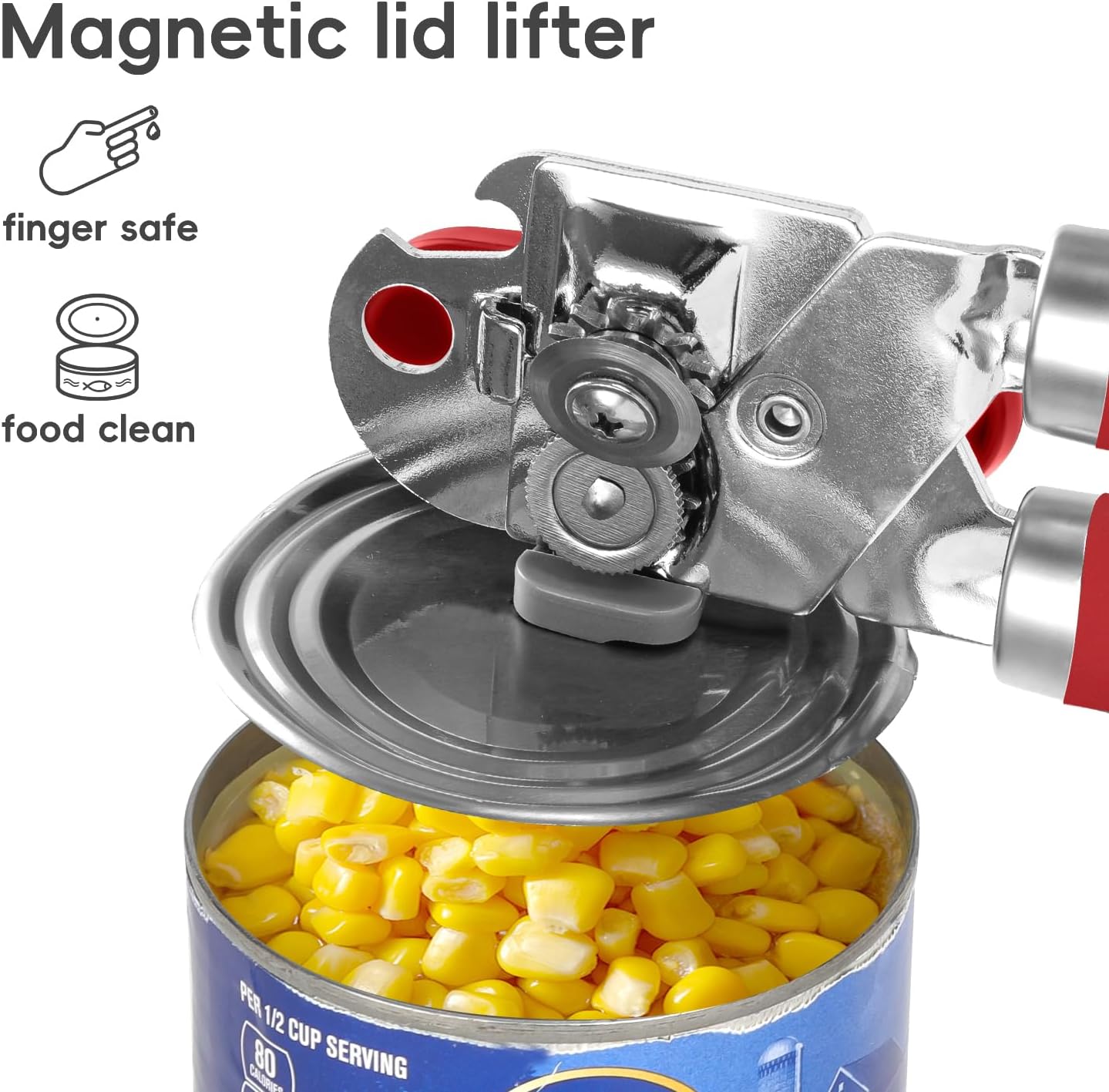 Can Opener Manual, UHIYEE Hand Held Manual Can Openers Heavy Duty with Smoother Cut Sharp Blade, Manual Hand Can Open with Soft Handle, Easy to Turn Knob, Magnetic Lid Lifter, Red