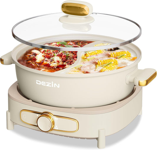 Dezin Hot Pot Electric with Divider, 6L Double-Flavor Shabu Shabu Pot, Dual Sided Removable Non-Stick Hotpot Pot Electric, 3" Depth Chinese Hot Pot with Multi-Power Control, 2 Silicone Ladles Included