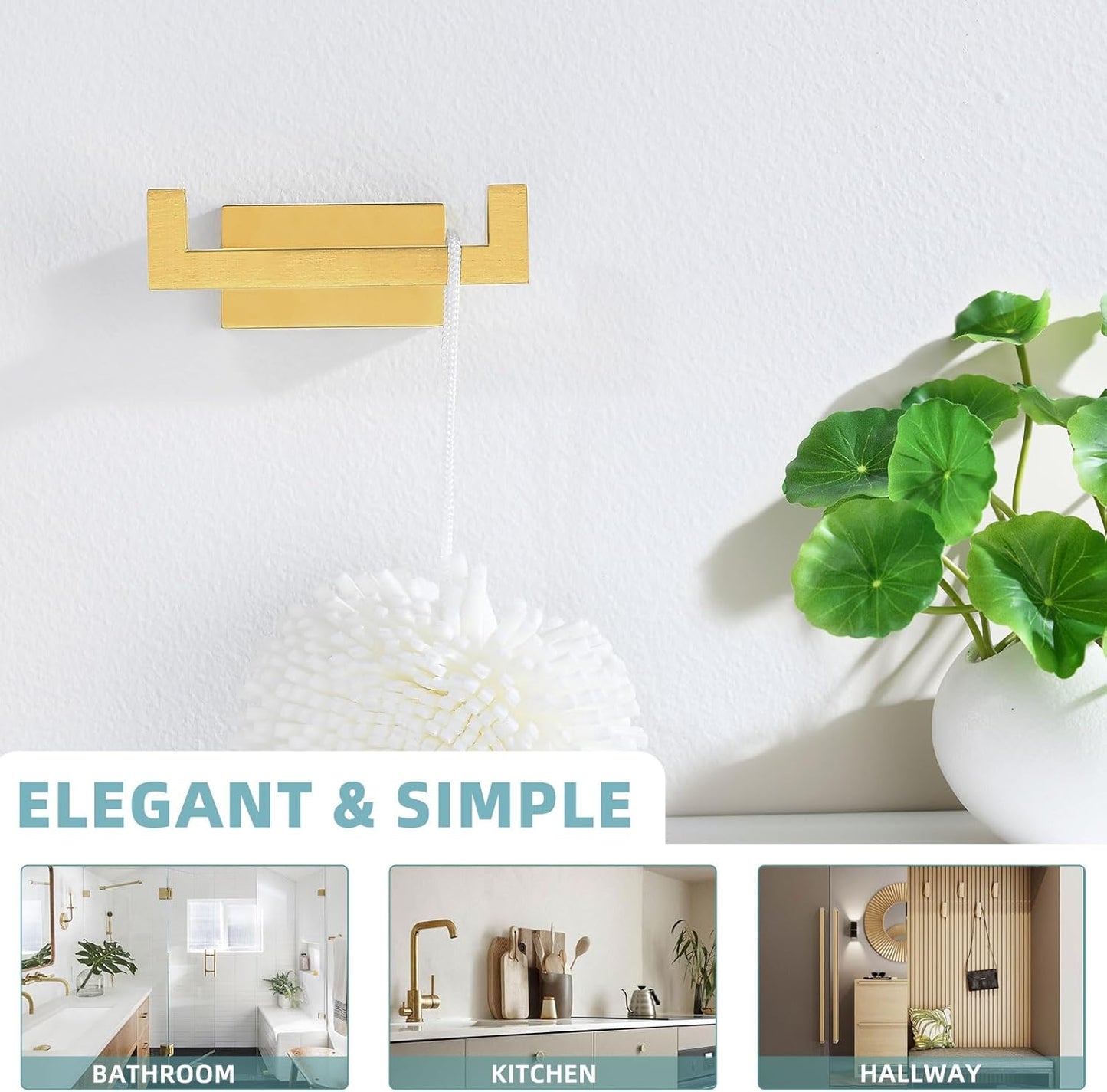 Suyar Double Towel Hook Brushed Gold, SUS304 Stainless Steel Square Coat Robe Holder, Bathroom Kitchen Towel Hanger, Wall Mounted