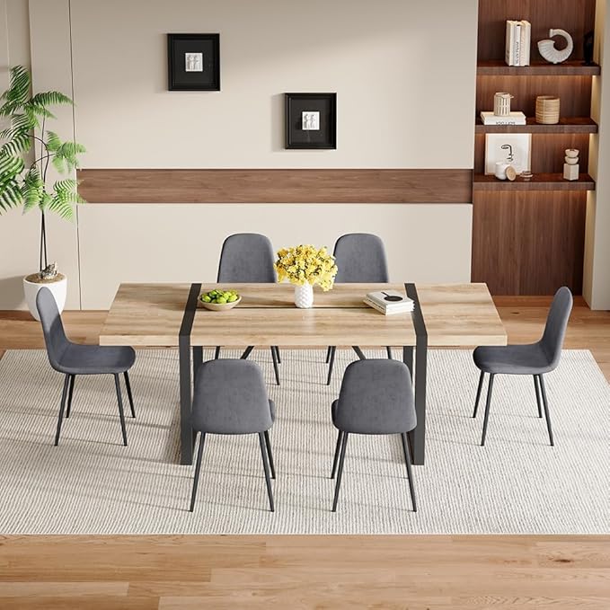 86.6" Dining Table Set for 6, Modern 7 Piece Wood Kitchen Table and Chairs Set, Rectangle Dining Room Table with 6 Linen Fabric Upholstered Chairs, Ideal for Apartment, Kitchen, Dining Room