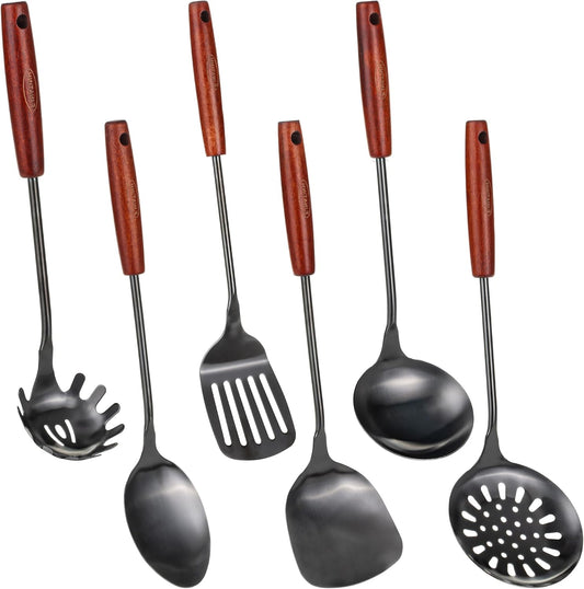 FJNATINH 304 Stainless Steel Kitchen Utensil Sets - 6 PCS Wok Spatula Sets Cooking Utensil Tools Spatula, Soup Ladle, Skimmer Spoon, Slotted Spatula Tunner, Spaghetti Spoon, Large Spoon