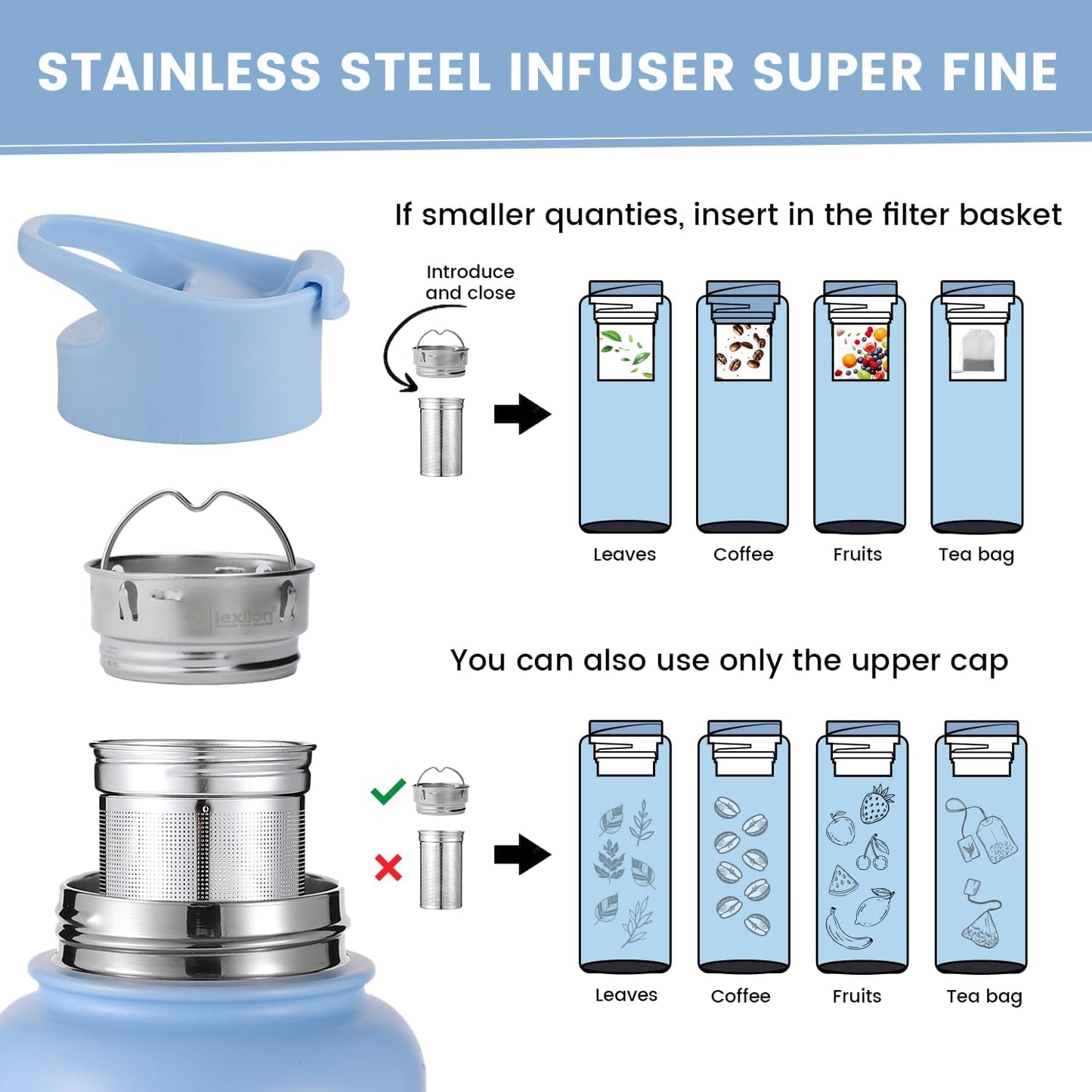 Lexlion 32 Oz Triple Walled Insulated Stainless Steel Fruit Infuser Bottle - Tea Infuser Water Bottle with 3 Lids, Silicone Sleeve, Leakproof, Metal Mug Gallon