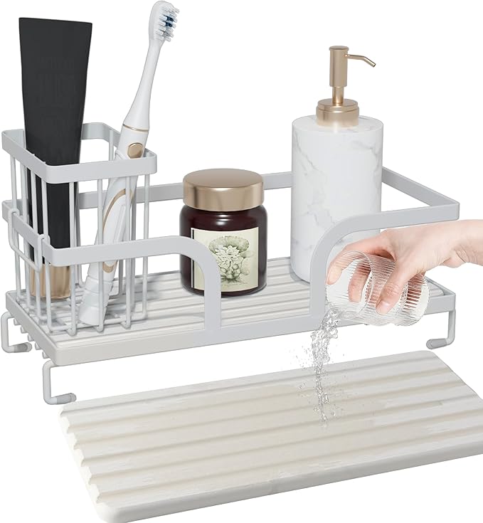 Bathroom Counter Organizer,Perfume Tray,Stone Drying Mat for Kitchen Counter,9.7" x 4.2"x 3.2", Ideal for Bathroom Organizers and Storage, Vanity, Skincare, Present, and More,2PCS White