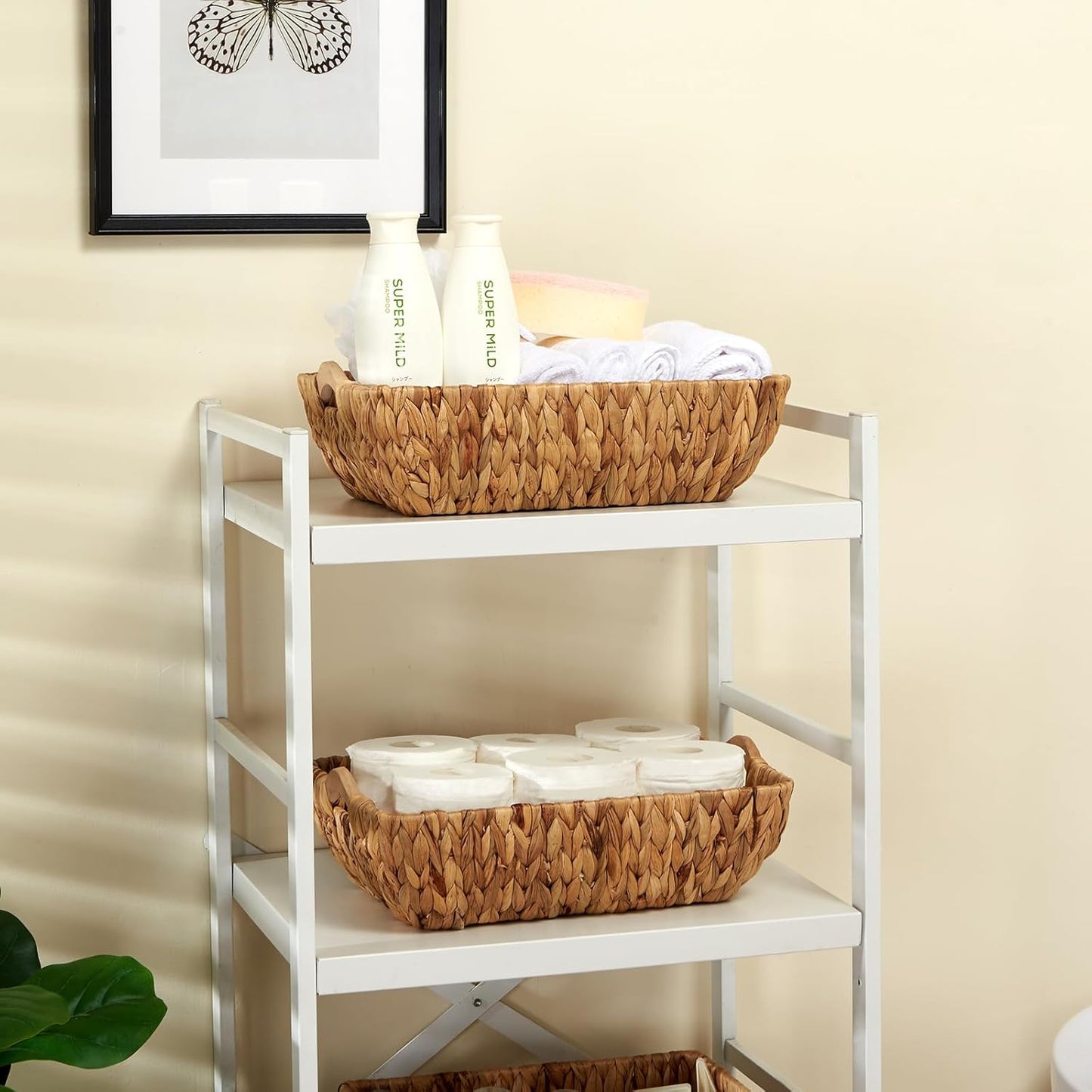 Wicker Baskets 2 Pack, Water Hyacinth Wicker Storage Basket with Wooden Handles, Hand-Woven Baskets for Storage, Natural