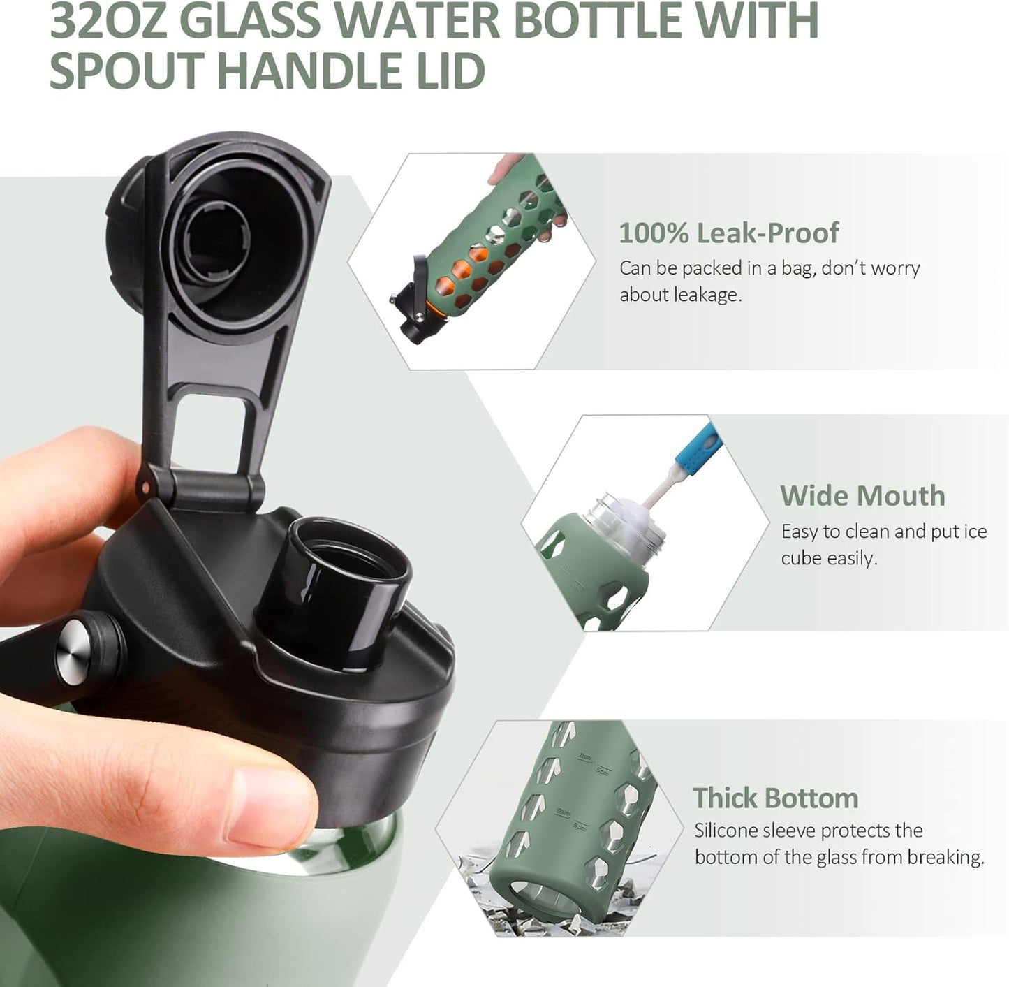 MUKOKO 32oz Glass Water Bottles with 2 Lids-Handle Spout Lid&Bamboo Straw Lid, Motivational Water Tumbler with Time Marker Reminder and Silicone Sleeve, Leakproof-Olive-1 Pack