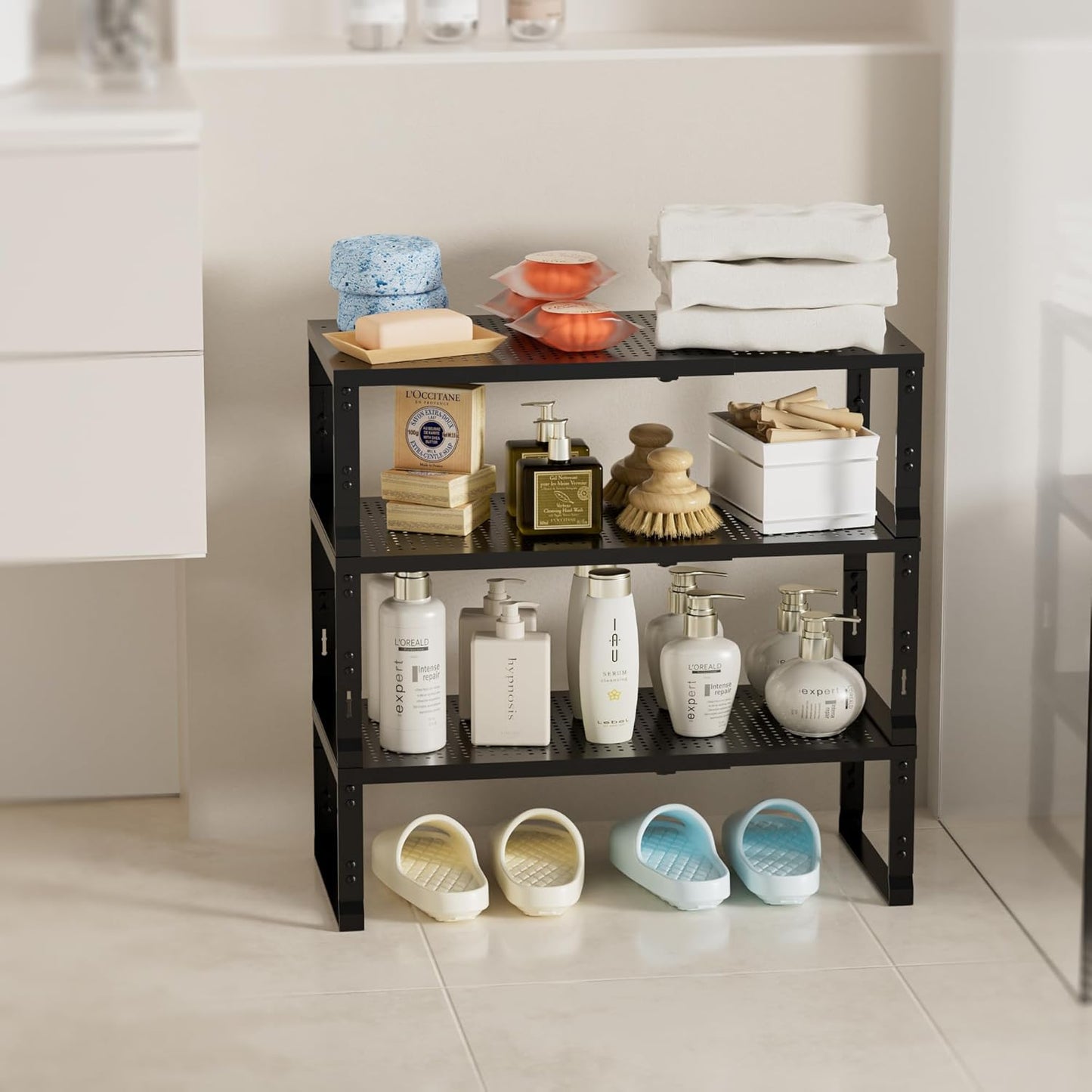 Expandable Spice Rack,Stackable Storage for Cabinet, Multi-Functional Kitchen Shelving,Height-Adjustable,Sustainable Organizer Solution(3Packs/Black/Medium)