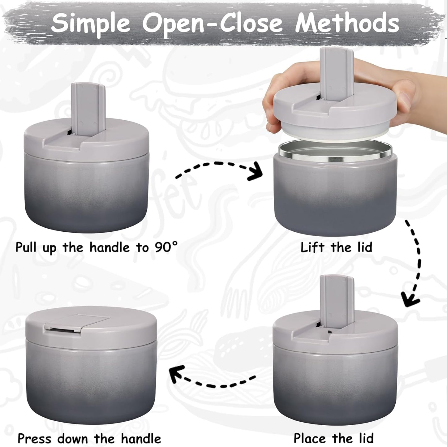 12oz Insulated Vacuum Food Jar with Buckle Lid Wide Mouth Soup Thermo for Hot Food Kids Leakproof Stainless Steel Lunch Container (Gradient Grey, 12OZ)