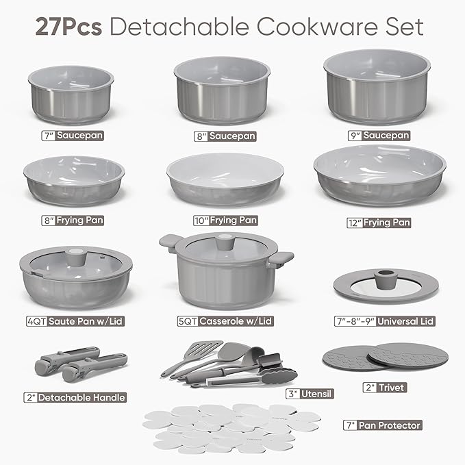 CAROTE 27pcs Ceramic Cookware Set Nonstick, Pots and Pans Set Non stick, Non Toxic Cookware, Dishwasher/Oven Safe, RV/Camping Cookware Set, Pan and Pot with Kitchen Utensils, Dark Gray