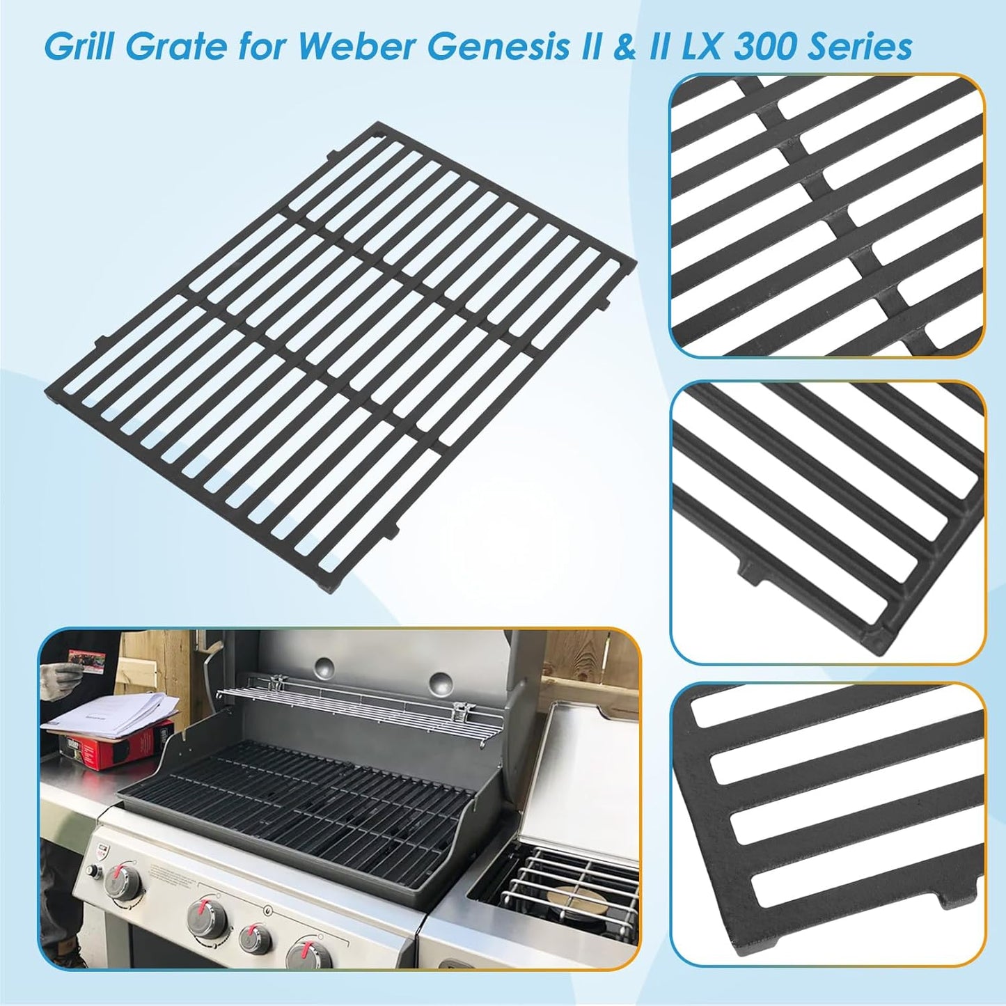 66095 18.75" Grill Grates for Weber GS4 Genesis II 300 and Genesis II LX 300 Series, for Weber Genesis 2 Grill Parts Genesis ii E-310 ii E-315 Grill Grates Replacement Parts for Weber 66802