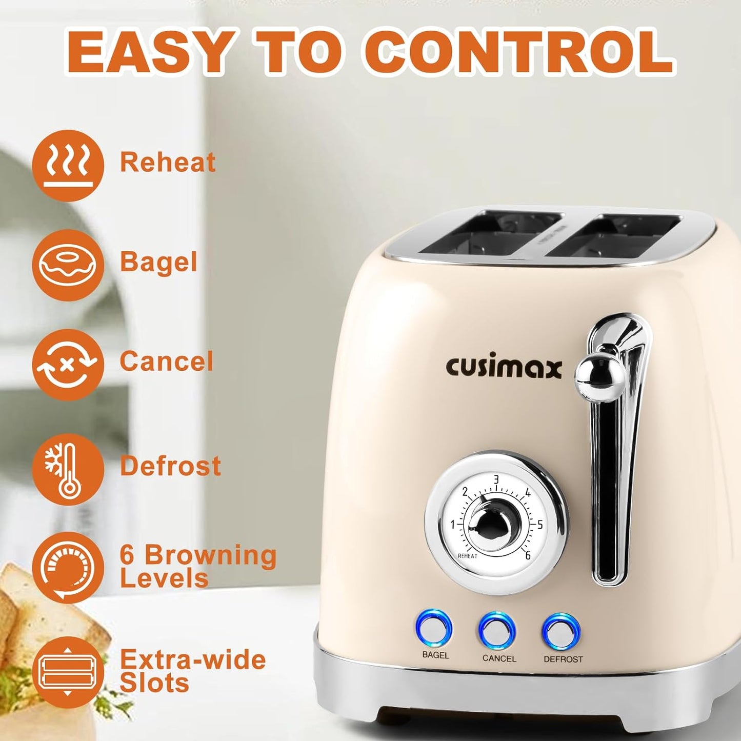 CUSIMAX Toaster 2 Slice with Extra Wide Slots for Bagels, Stainless Steel Retro Toaster with 6 Toast Settings and 4 Functions, Bagel, Cancel, Defrost & Reheat, Removable Crumb Tray, Cream