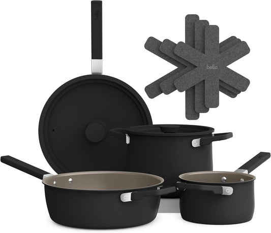bella 9 Piece Ceramic Nonstick Cookware Set, Fits-anywhere™ Kitchenware w EverGood™ Coating, Dishwasher & Oven Safe, All Stovetops Compatible, Stackable Design, Cool Touch Handles, Black