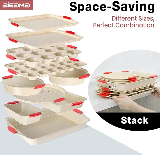 13-Piece Baking Pans Sets, Nonstick Bakeware Sets, BPA-Free Carbon Steel Stackable Bakeware Set, Cream