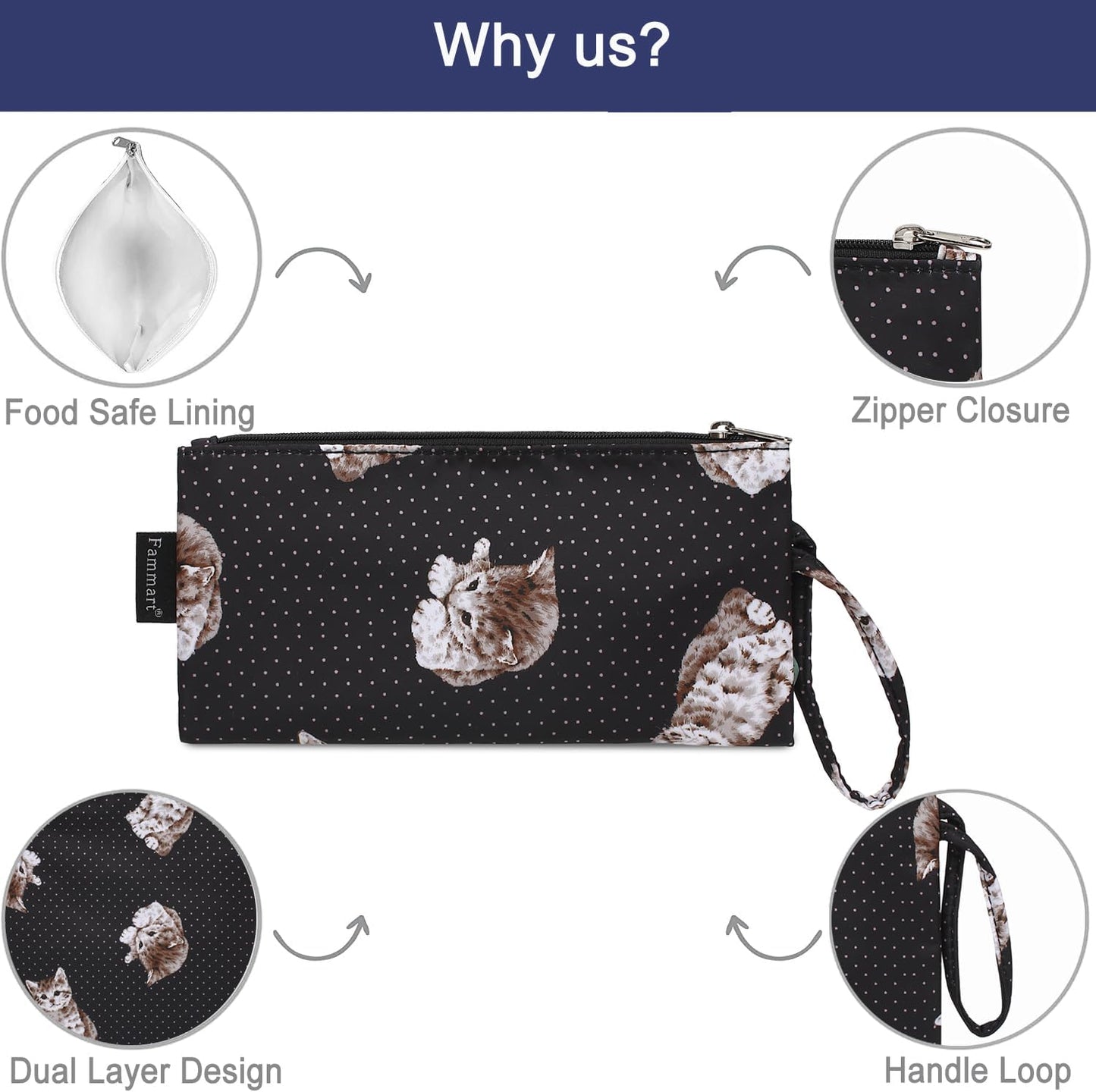 Reusable Sandwich Bag/Snack Bag for Kids & Adults, Dual Layer Lunch Bag with Handle, Washable, Food Safe, BPA Free (2-Pack, Dot&Cat)